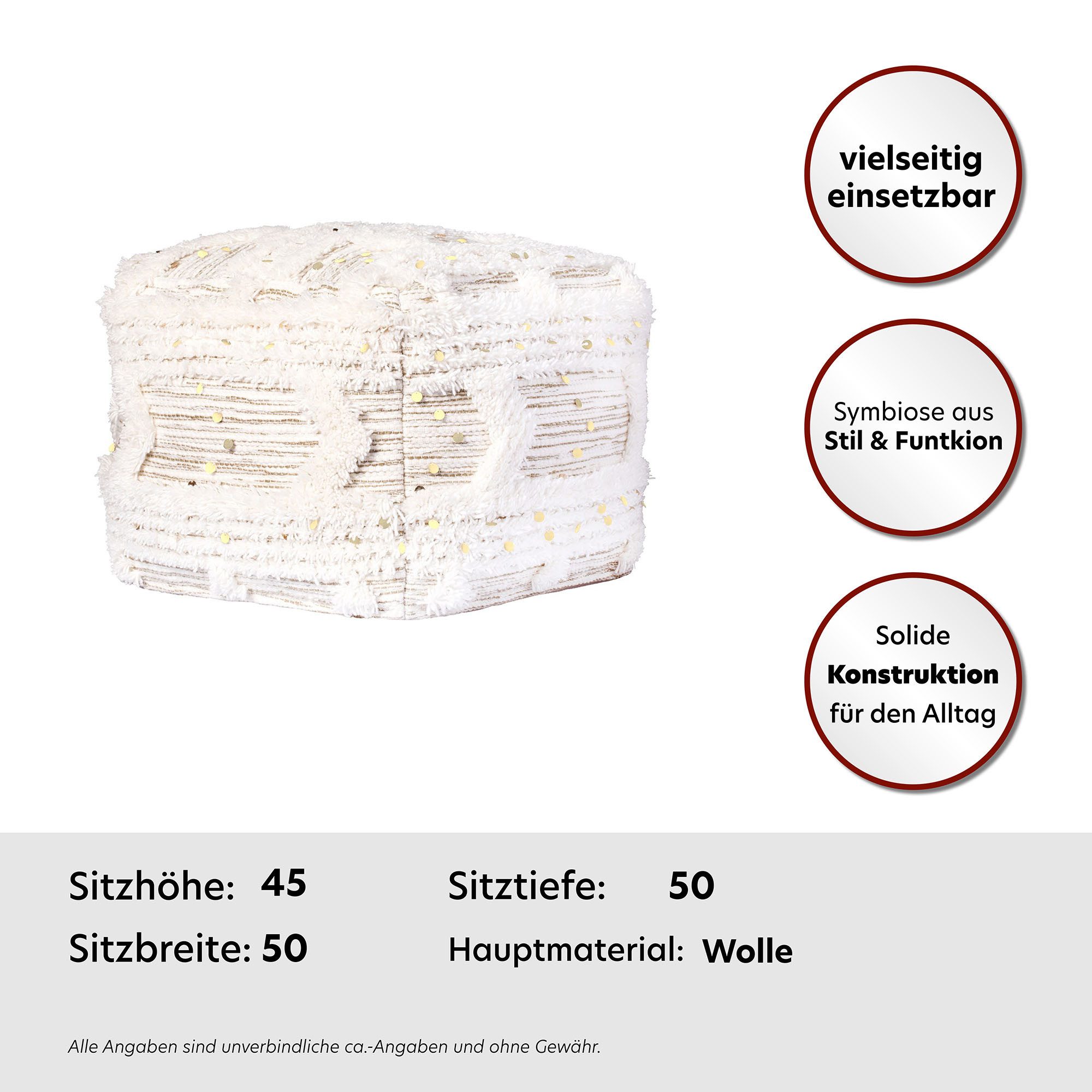 Kayoom Poef Bohist 425 50cm x 50cm, Structuren met franjes en kwasten handgemaakt, uniek, zeer goed te combineren, veelzijdig in gebruik (1 stuk)