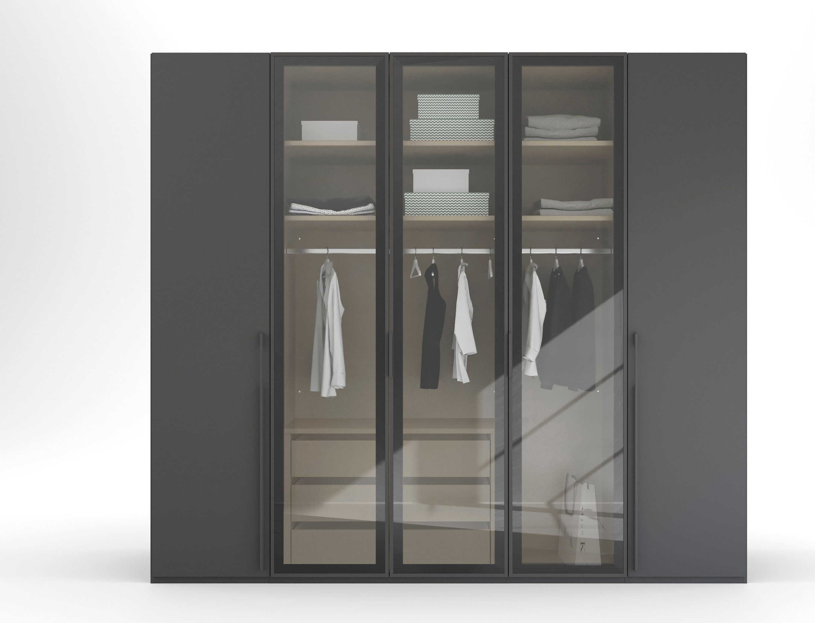 rauch Draaideurkast Kledingkast kast garderobe SKAT SHINE met hoogwaardige, transparant grijs glas inclusief uitgebreid toebehoren made in germany
