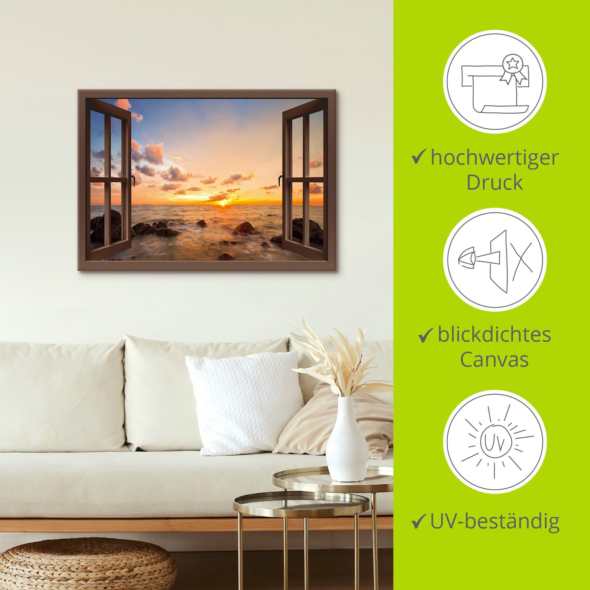 Artland Artprint Blik uit het venster zonsondergang aan zee als artprint van aluminium, artprint voor buiten, artprint op linnen, poster, muursticker