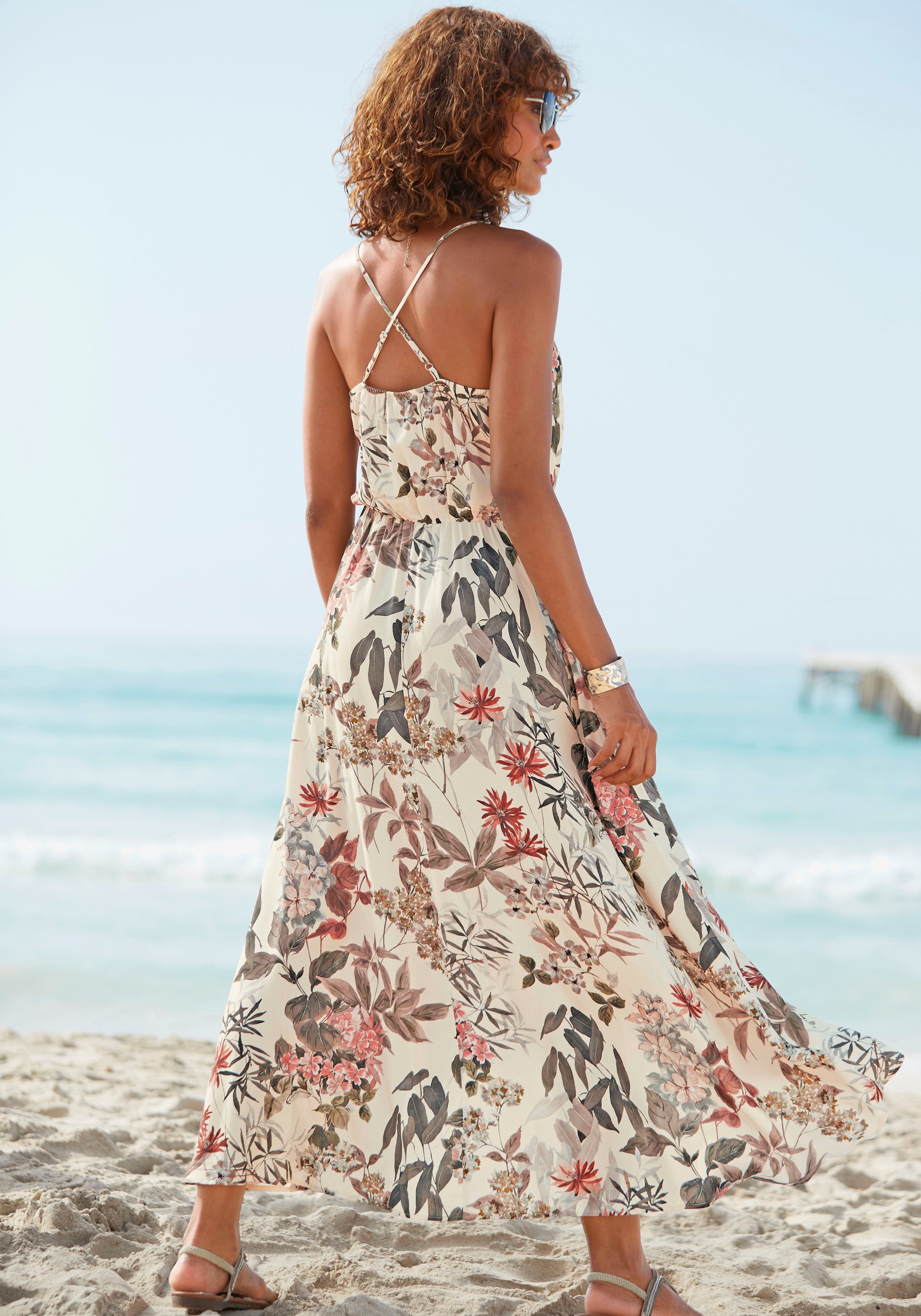 Lascana Maxi-jurk met bloemenprint, licht zomerjurk in vokuhila-stijl, strandjurk
