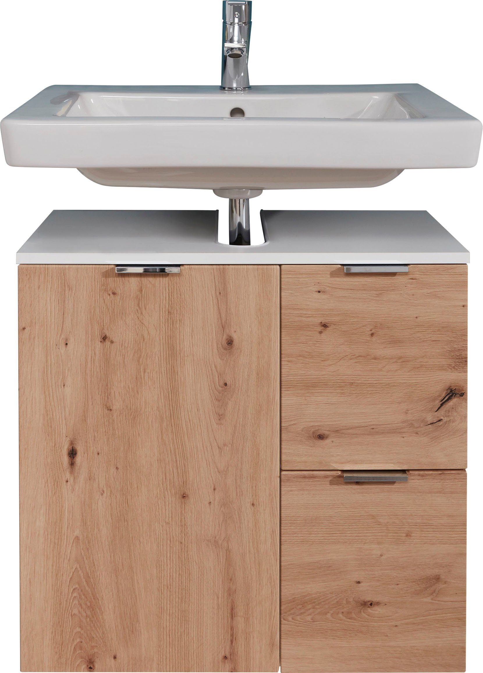 trendteam Wastafelonderkast Concept One Wastafel met 2 vakken en 2 lades in wit/echt houtlook