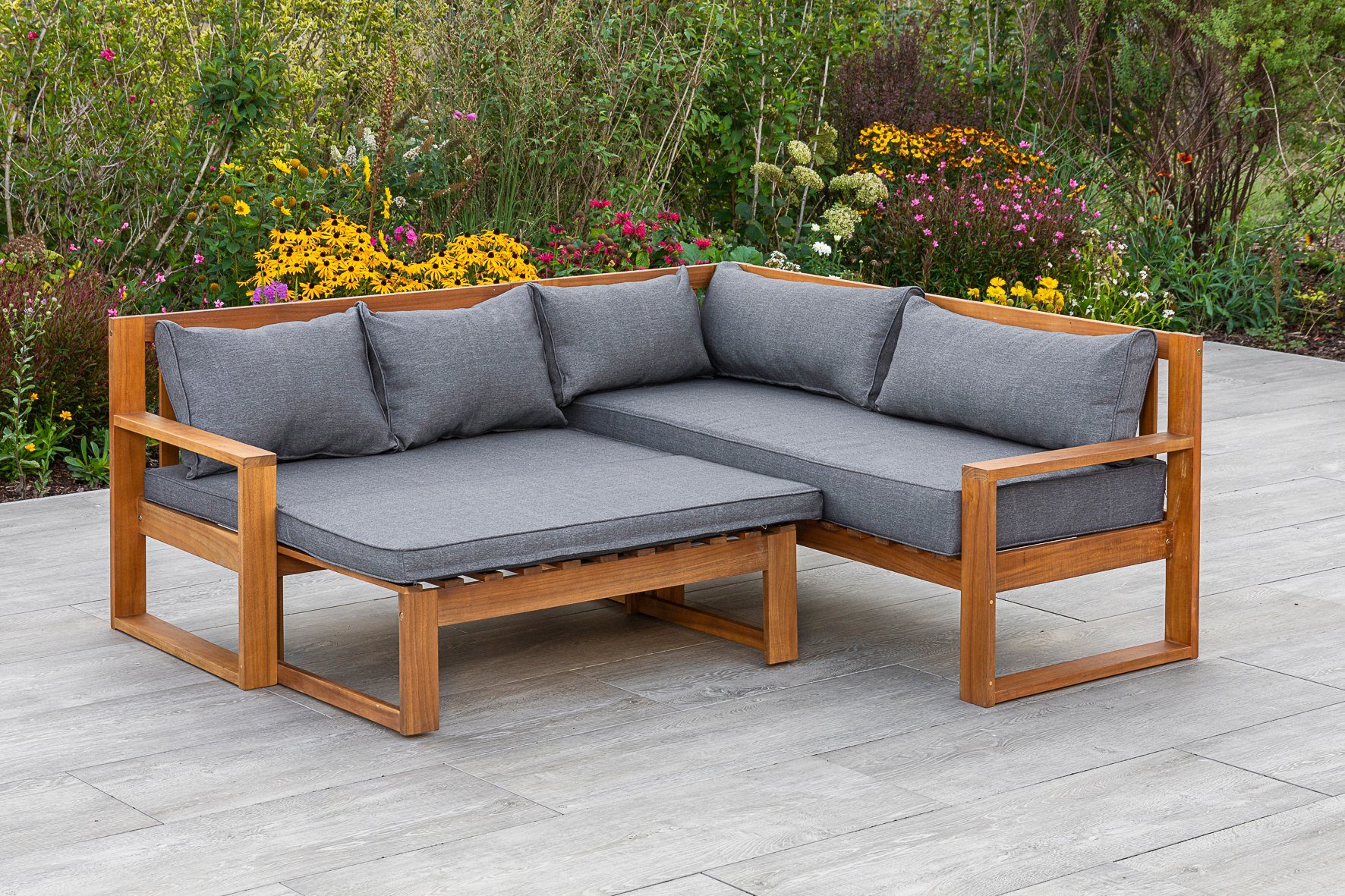MERXX Tuin-eethoek Merida 2 ligbedden met kussen, 1 klaphocker (3-delig) tuinsets bruin