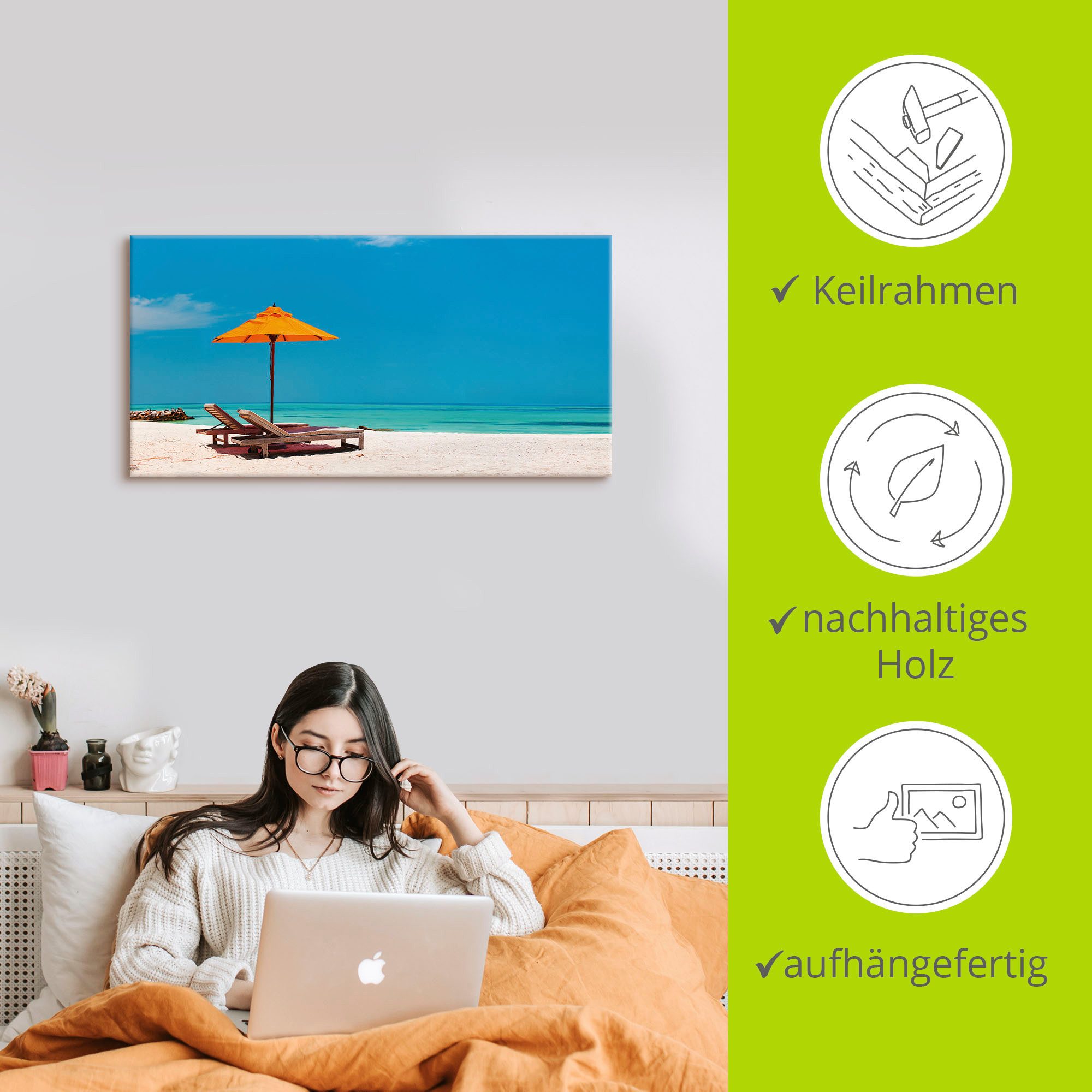 Artland Artprint Ligstoel parasol strand Malediven als artprint van aluminium, artprint voor buiten, artprint op linnen, poster, muursticker