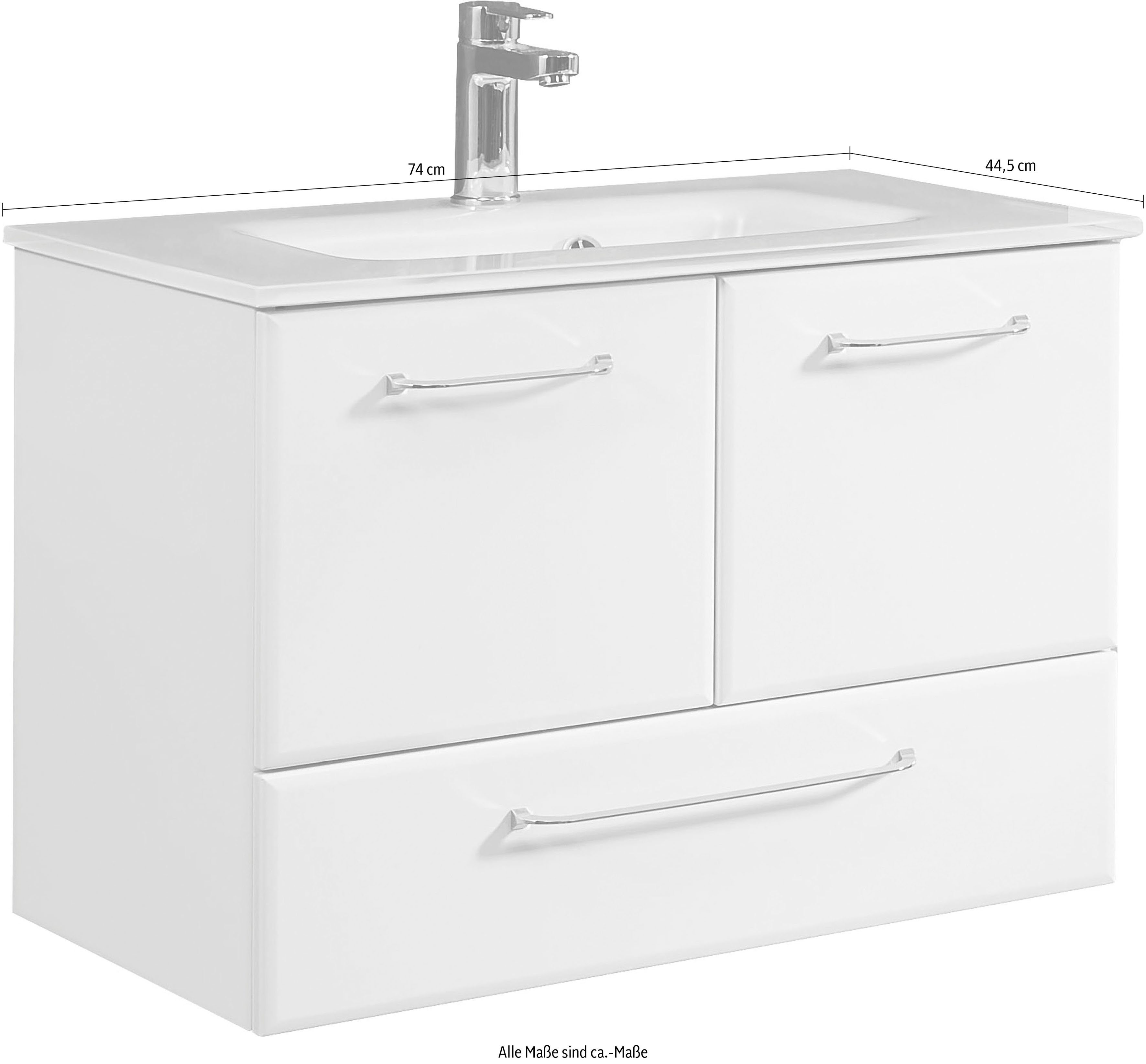 Saphir Wastafelonderkast Quickset glazen wastafel met onderkast, 74 cm breed, wastafel Grepen in glanzend chroom, inclusief deurdemper, 2 deuren, 1 lade