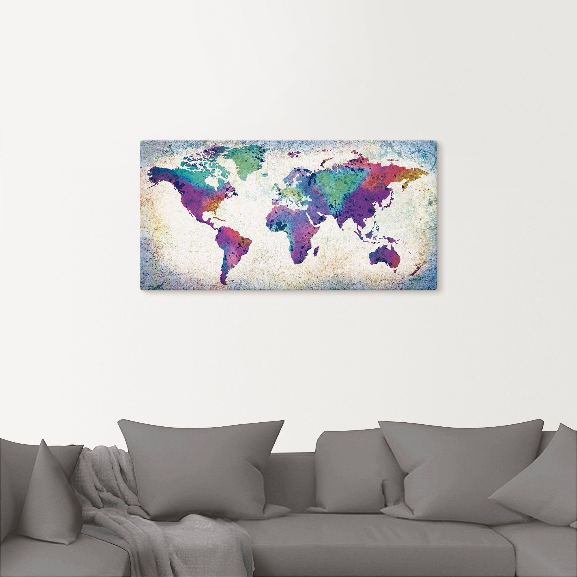 Artland Artprint Veelkleurige wereldkaart als artprint van aluminium, artprint voor buiten, artprint op linnen, poster, muursticker