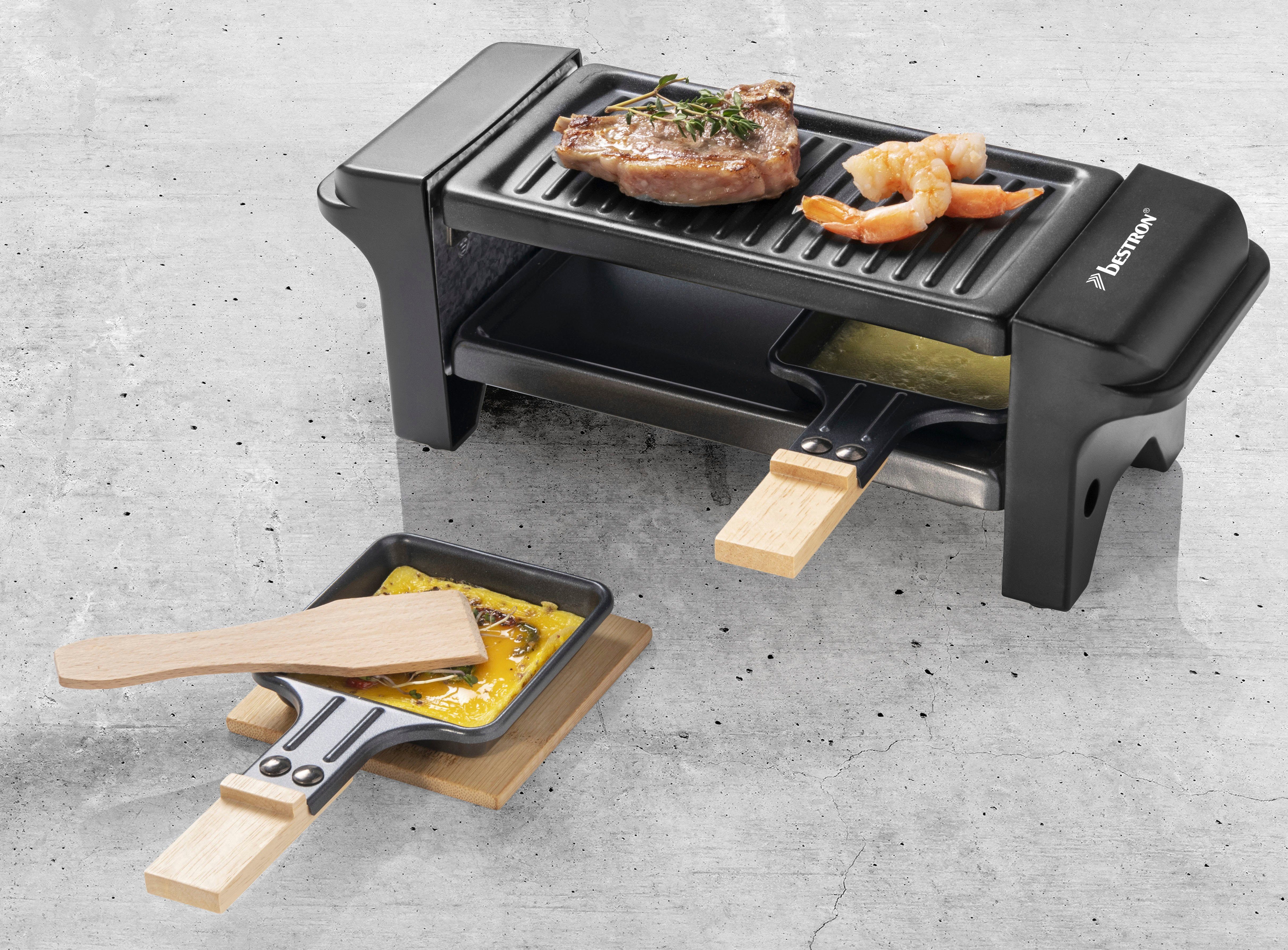 bestron Raclette Mini tafelgrill voor 1 tot 2 personen, met twee houten spatels & twee onderzetters