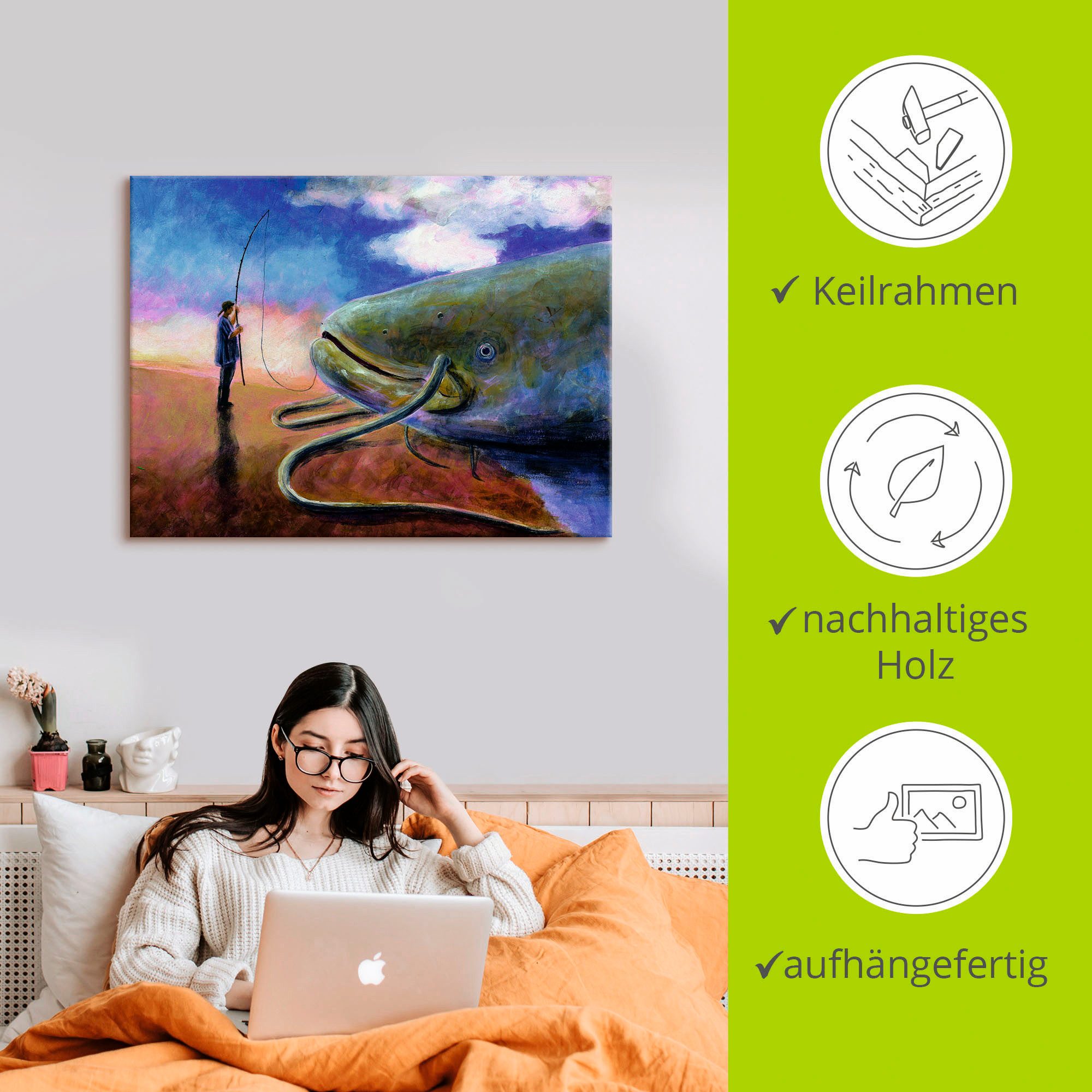 Artland Artprint Een dikke vis op de oever trekken als artprint op linnen, muursticker in verschillende maten