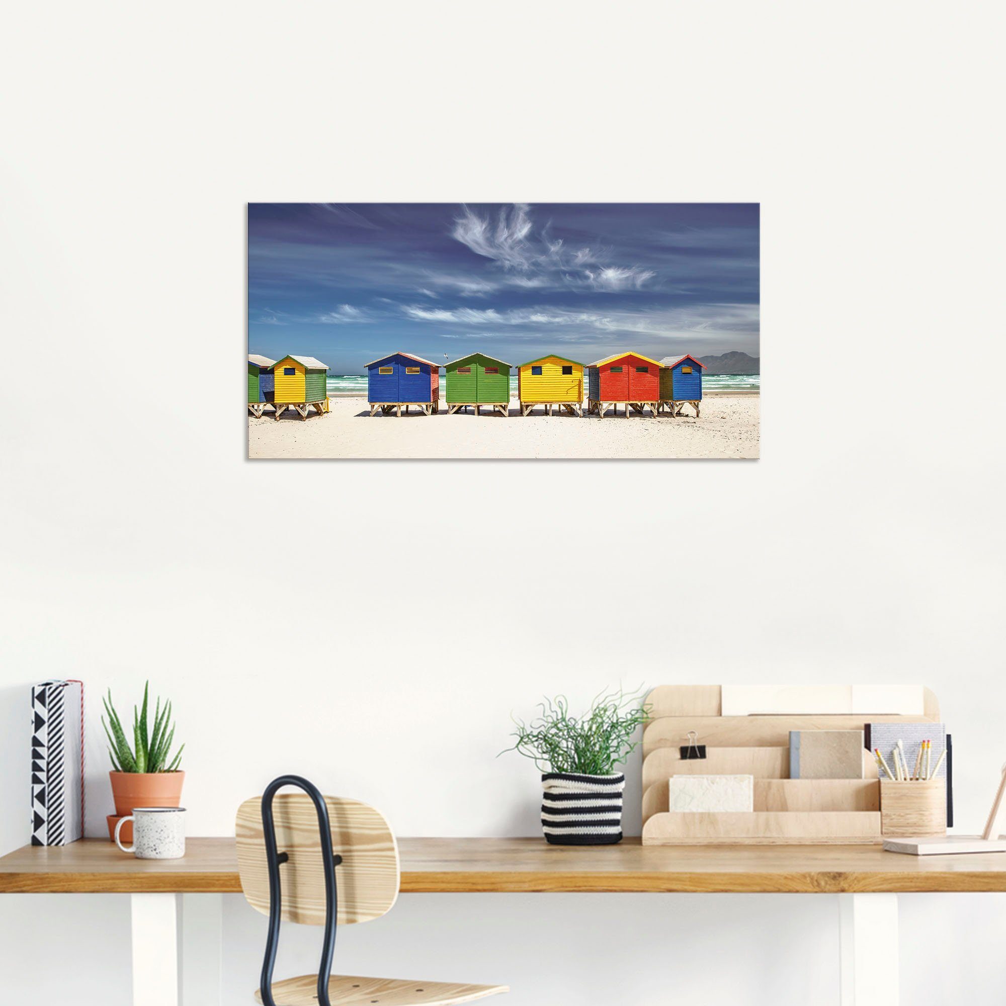 Artland Artprint Veelkleurige strandhuisjes bij Kaapstad als artprint van aluminium, artprint voor buiten, artprint op linnen, poster, muursticker