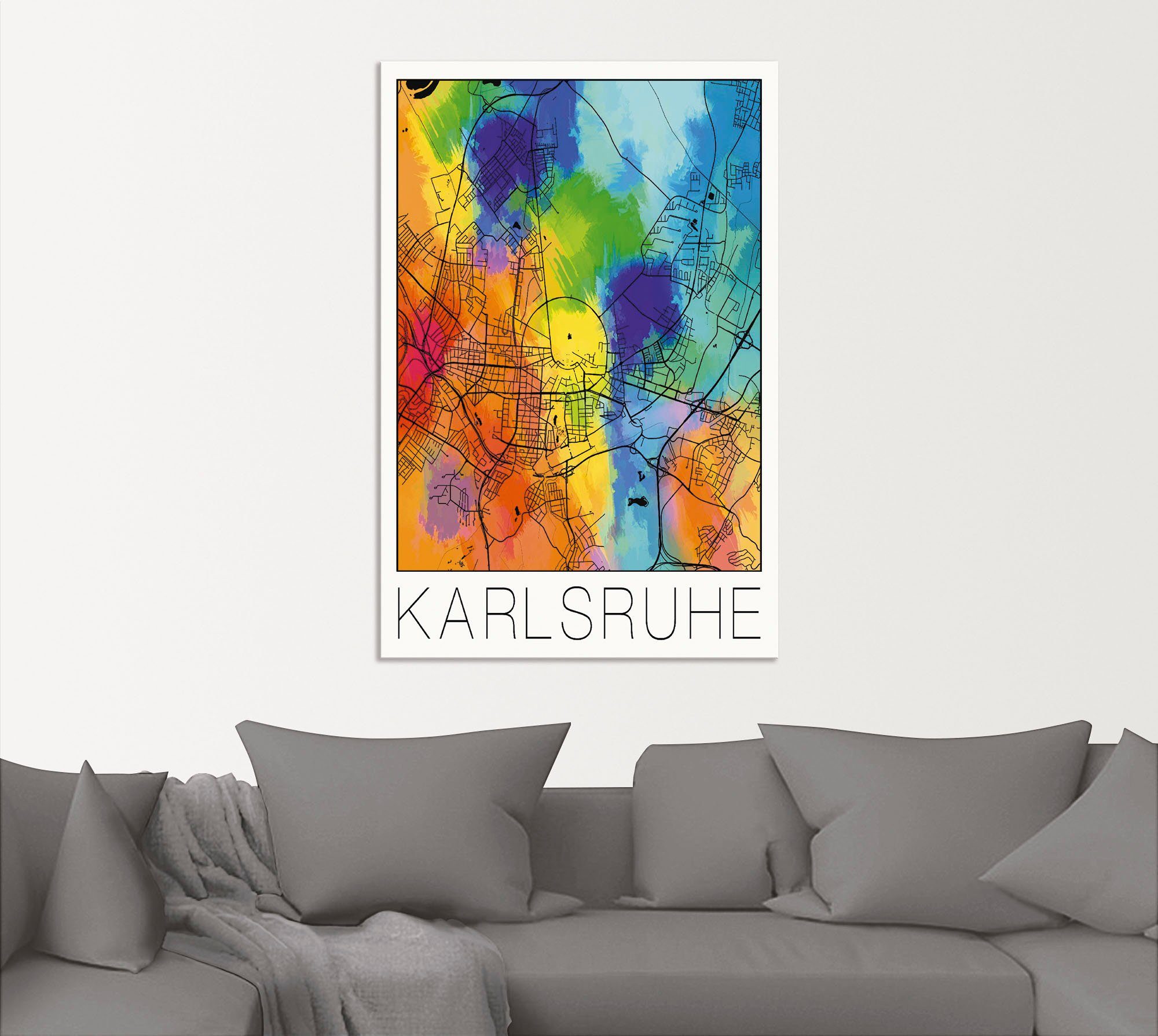 Artland Artprint Retro kaart Karlsruhe aquarel als artprint van aluminium, artprint voor buiten, poster in diverse formaten