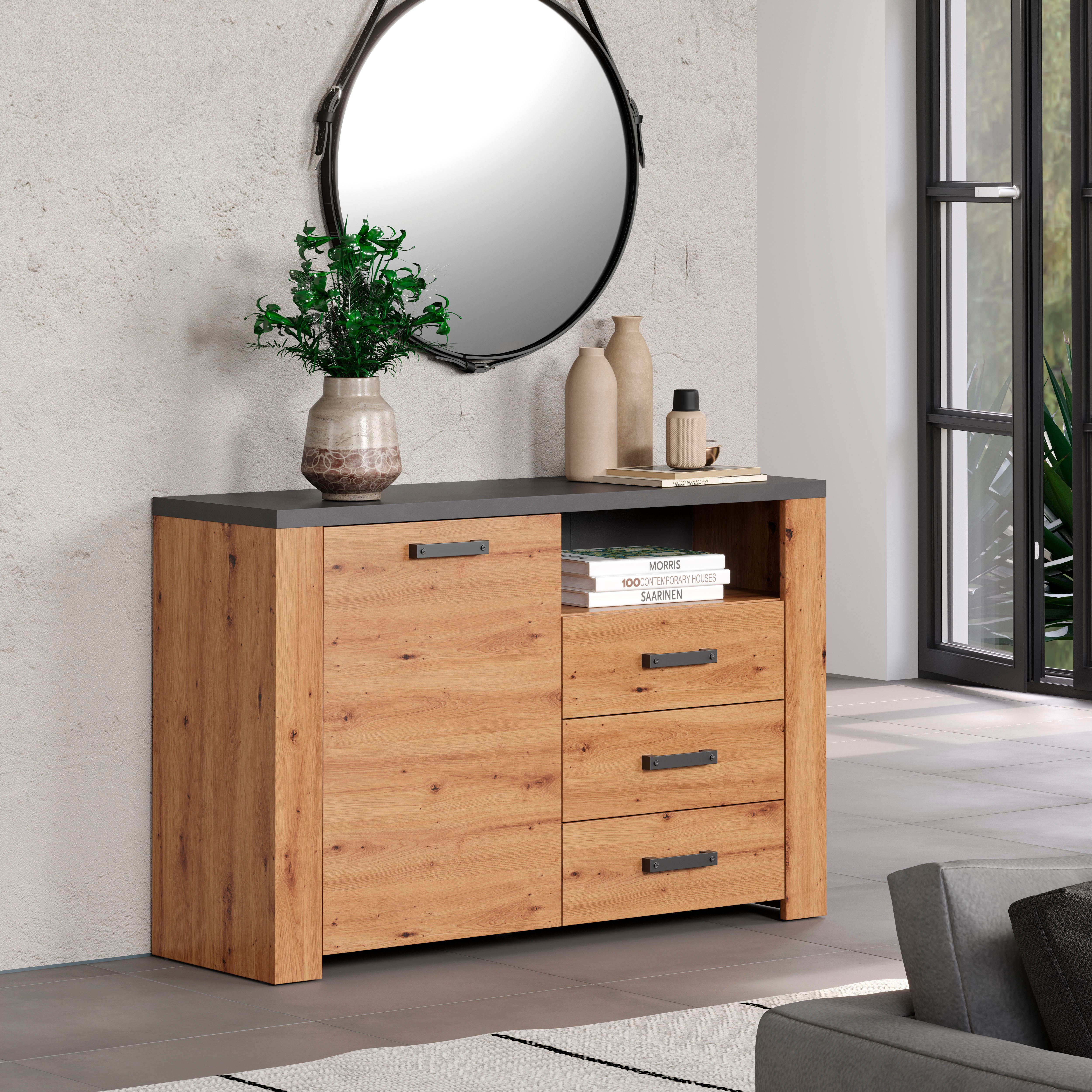 Home affaire Dressoir Ambres Commode in echt houtlook, Afmetingen BxH: 127x83 cm, Eik (1 stuk)