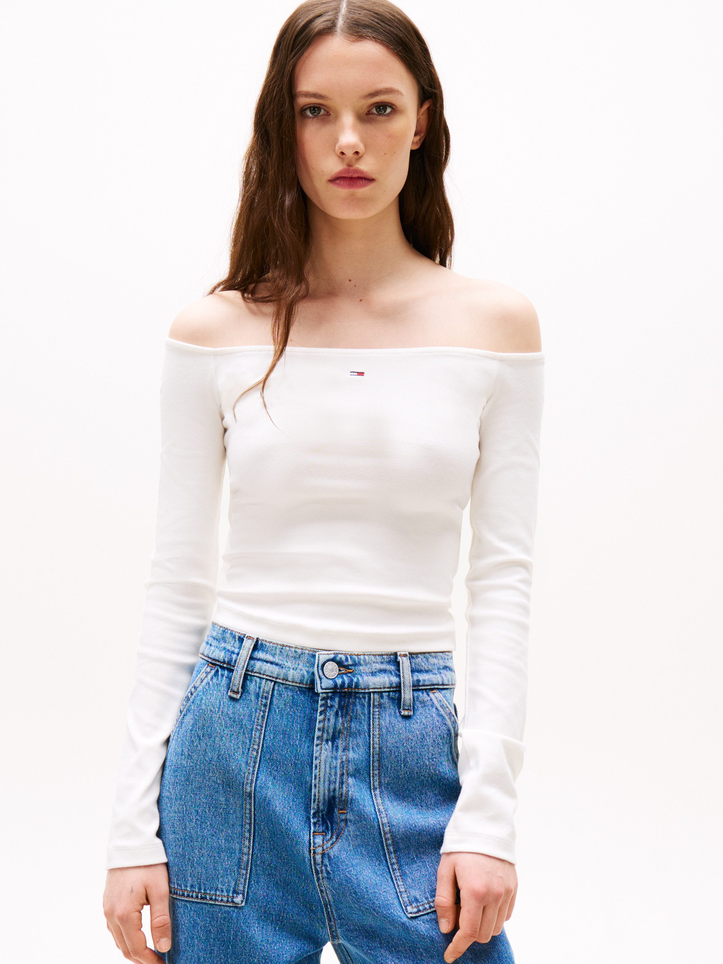 TOMMY JEANS Shirt met lange mouwen TJW SLIM ESSENTIAL BOAT NECK LS dames longsleeves maat XL (42) beige