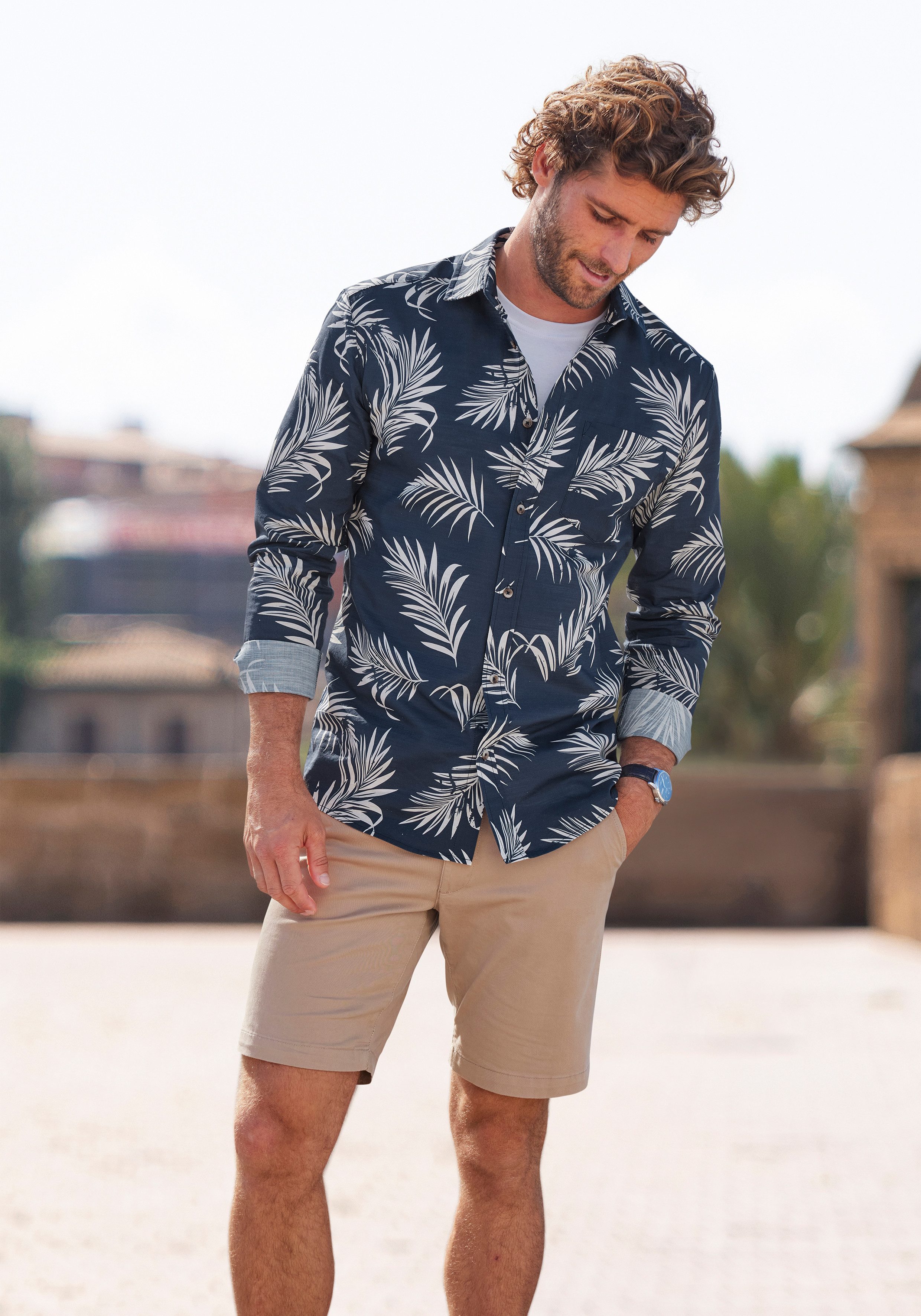 John Devin Hawaï-overhemd Regular fit Lange mouwen, vrijetijdsshirt met palmprint van 100% katoen