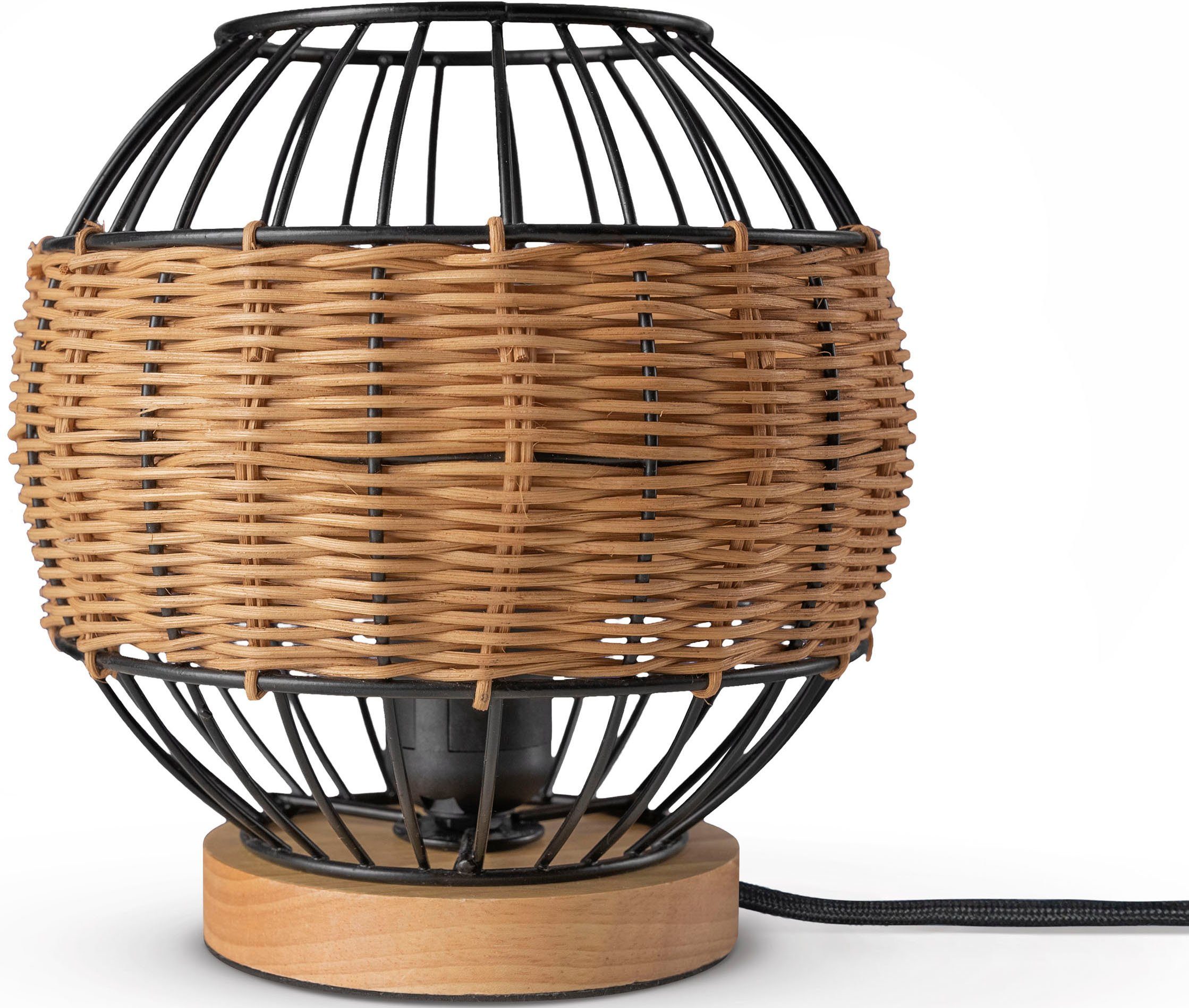 Paco Home Tafellamp PUGLO Rattan schrijf LED rustiek Boho hout E27 tafellampen zwart