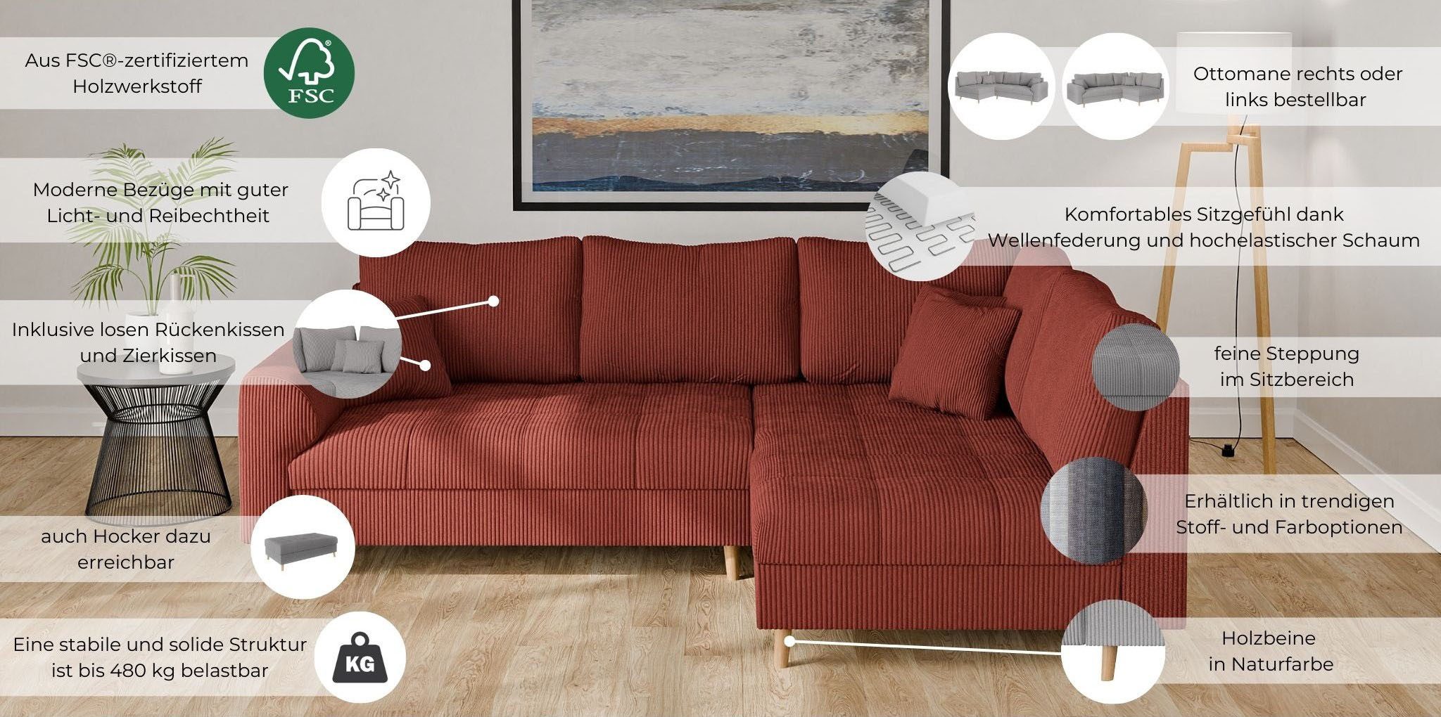 Home affaire Hoekbank CHARRE L-vorm met ottomane, afmetingen B/D/H: 231/161/81 cm fijne stiksels, losse rug- en sierkussens, ook in cord en bouclé