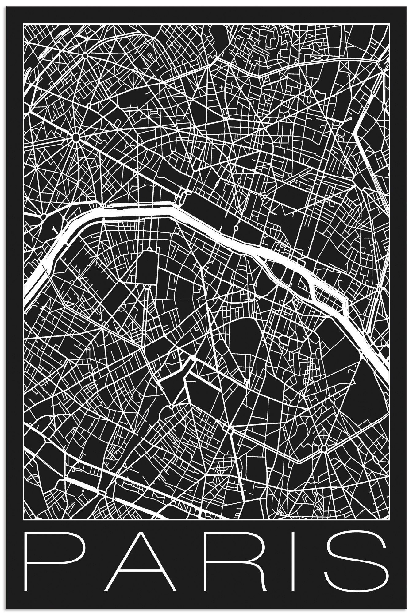 Artland Artprint Retro kaart Parijs Frankrijk zwart in vele afmetingen & productsoorten - artprint van aluminium / artprint voor buiten, artprint op linnen, poster, muursticker / w
