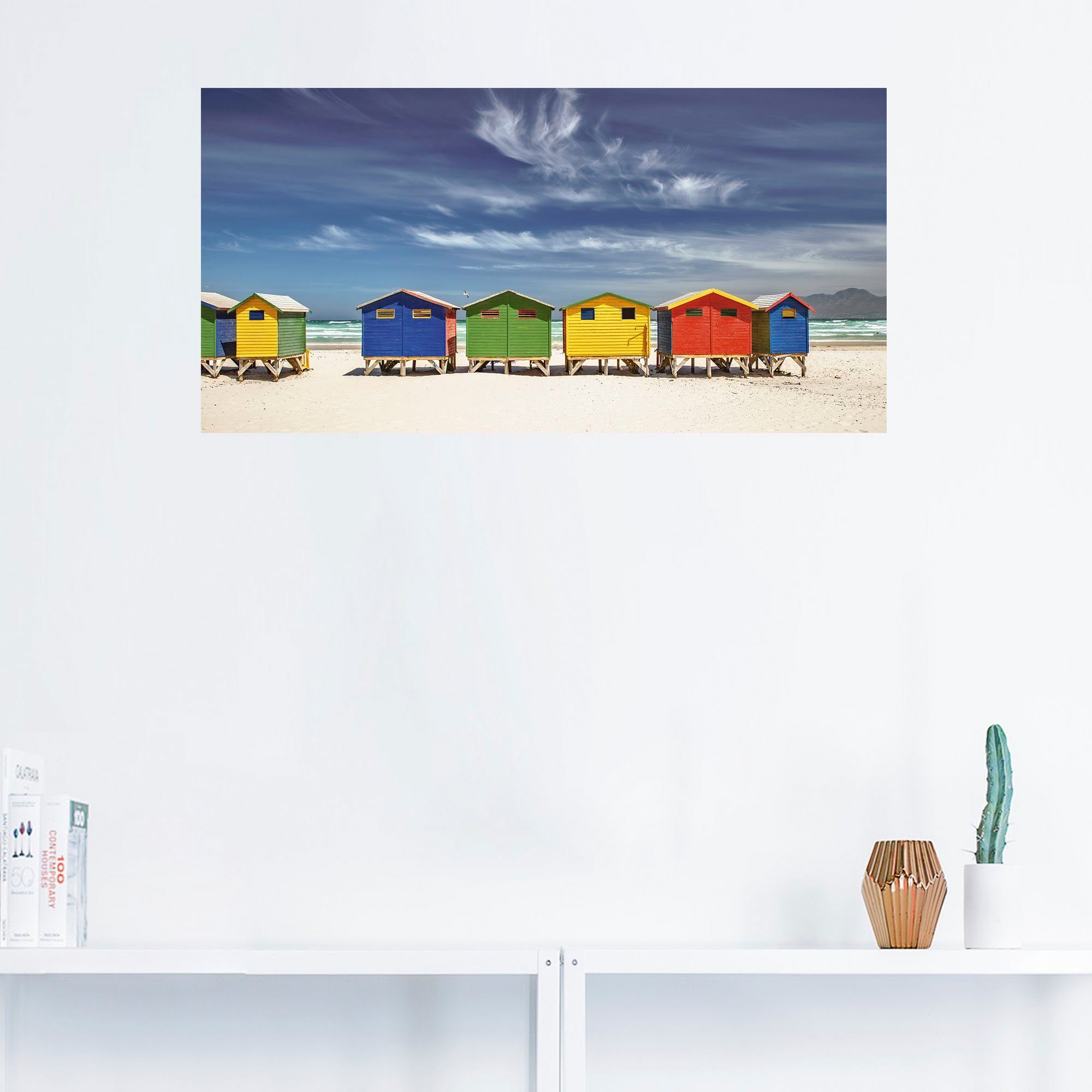 Artland Artprint Veelkleurige strandhuisjes bij Kaapstad als artprint van aluminium, artprint voor buiten, artprint op linnen, poster, muursticker