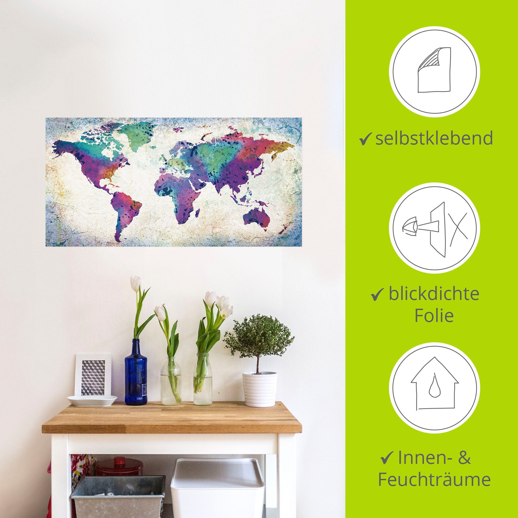 Artland Artprint Veelkleurige wereldkaart als artprint van aluminium, artprint voor buiten, artprint op linnen, poster, muursticker
