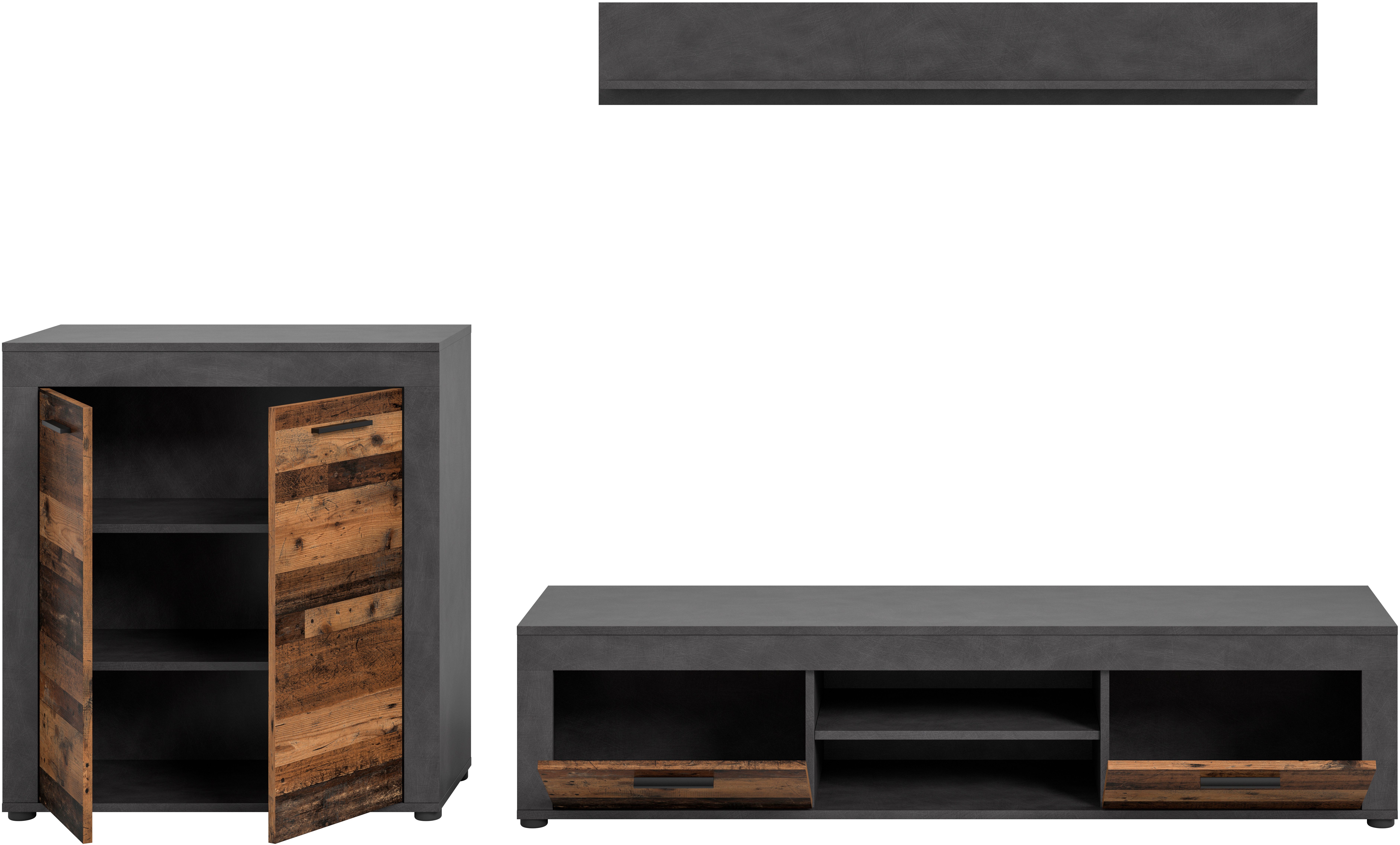 INOSIGN Wandmeubel Aosta, Breedte 255cm, bestaand uit Highboard, Lowboard, Wandplank Woonwand, combinatie, opbouwwand, meubelset, kastwand, meubelcombi (3-delig)
