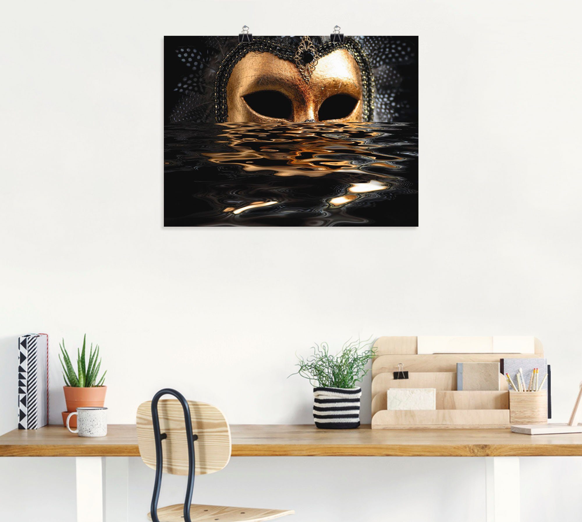Artland Artprint Venetiaans masker met bladgoudkleur als artprint van aluminium, artprint voor buiten, artprint op linnen, poster, muursticker
