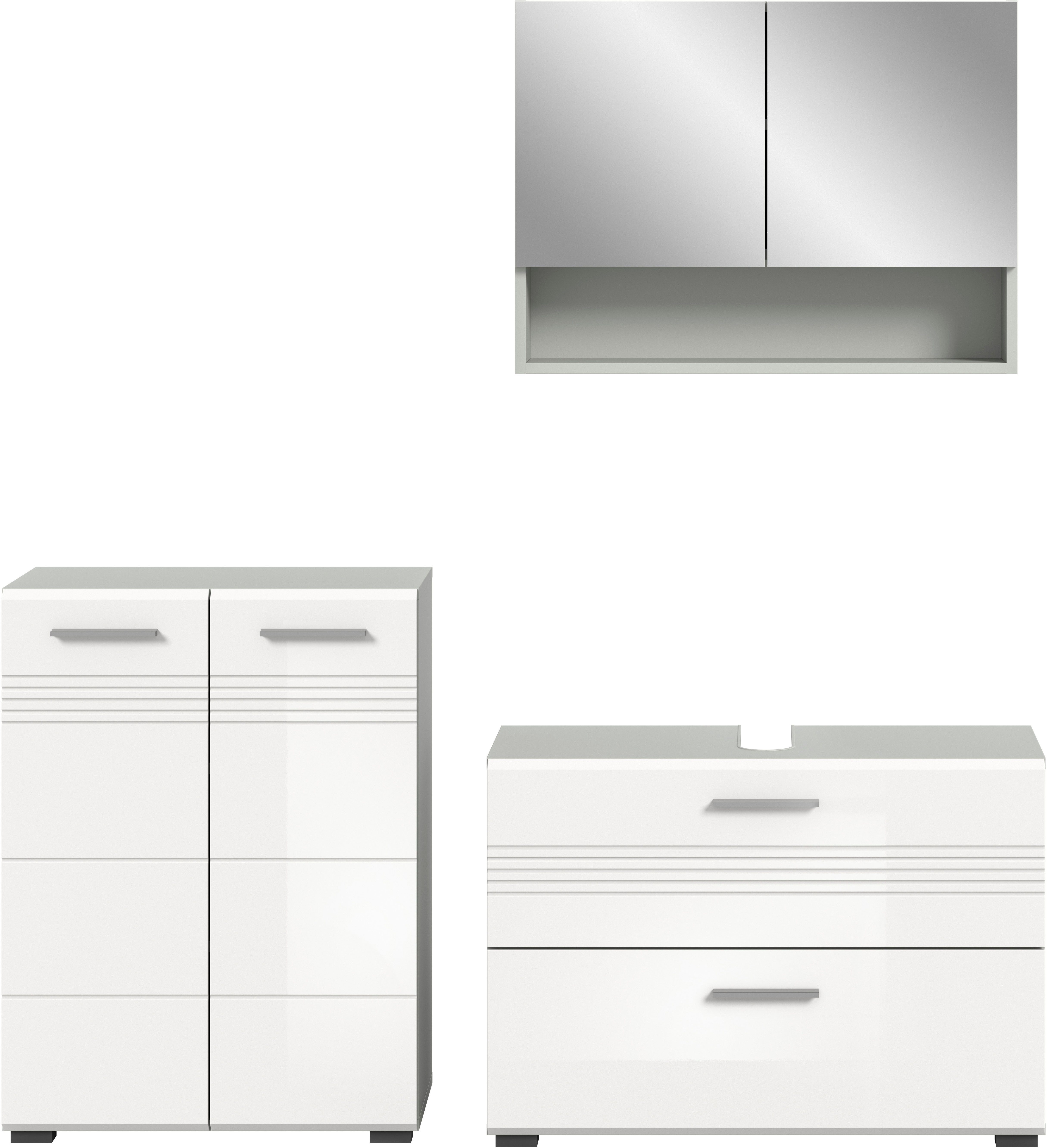 welltime Badmeubelset Calicio, bestaande uit: midikast, wastafelonderkast Spiegelschrank, hoogwaardige MDF front met groeffrasing (3 stuks)