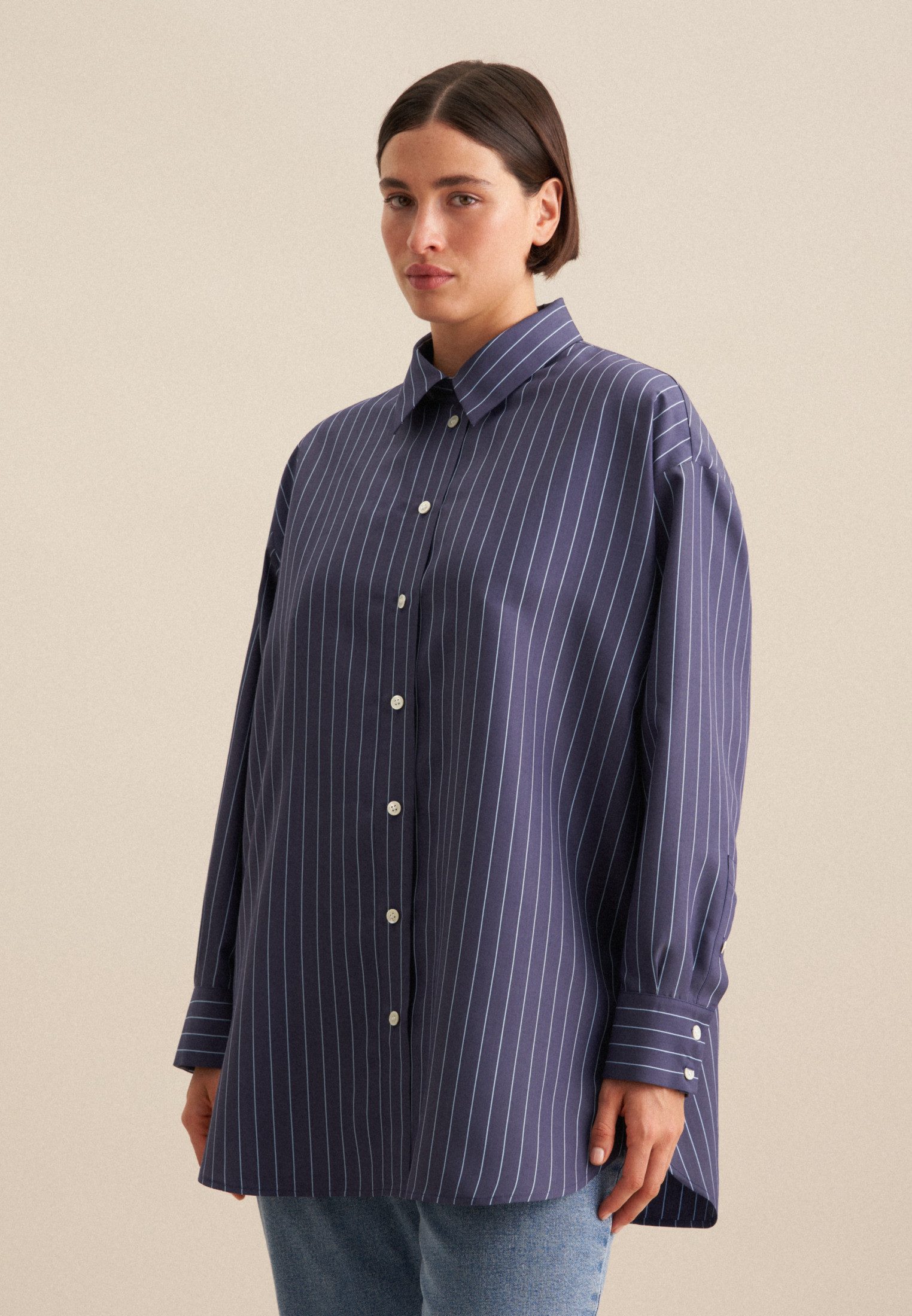 seidensticker Lange blouse Zwarte roos Lange mouwen kraag strepen dames lange blouses maat 6XL (52) blauw