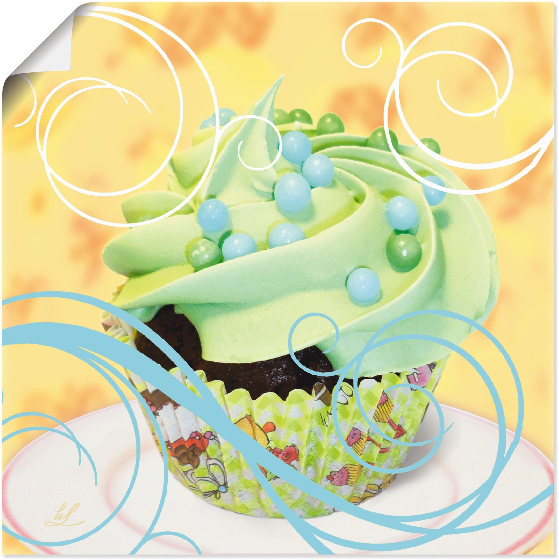 Artland Artprint Cupcake auf gelb - Kuchen in vele afmetingen & productsoorten - artprint van aluminium / artprint voor buiten, artprint op linnen, poster, muursticker / wandfolie