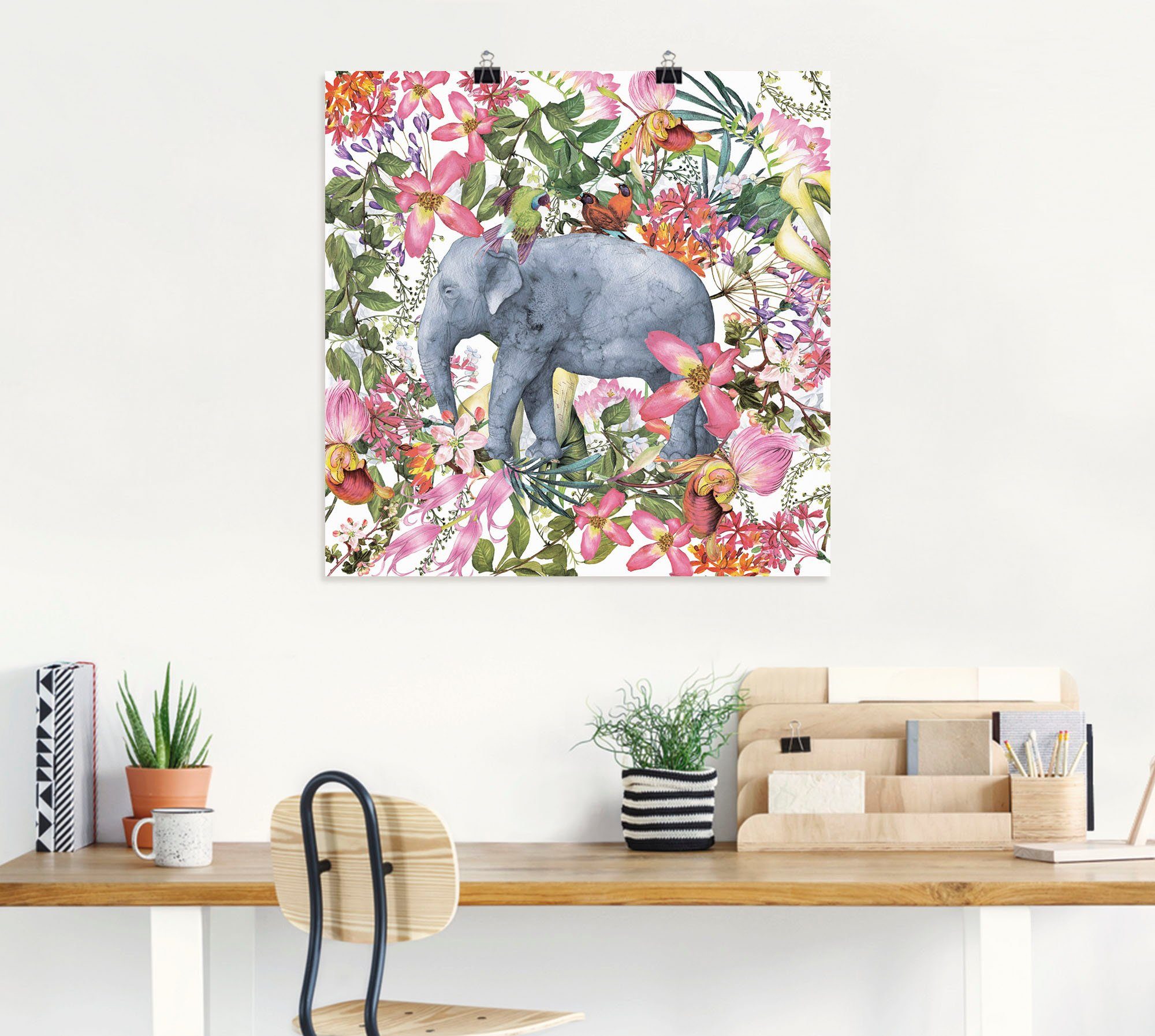 Artland Artprint Olifant in bloemen jungle als artprint op linnen, poster in verschillende formaten maten