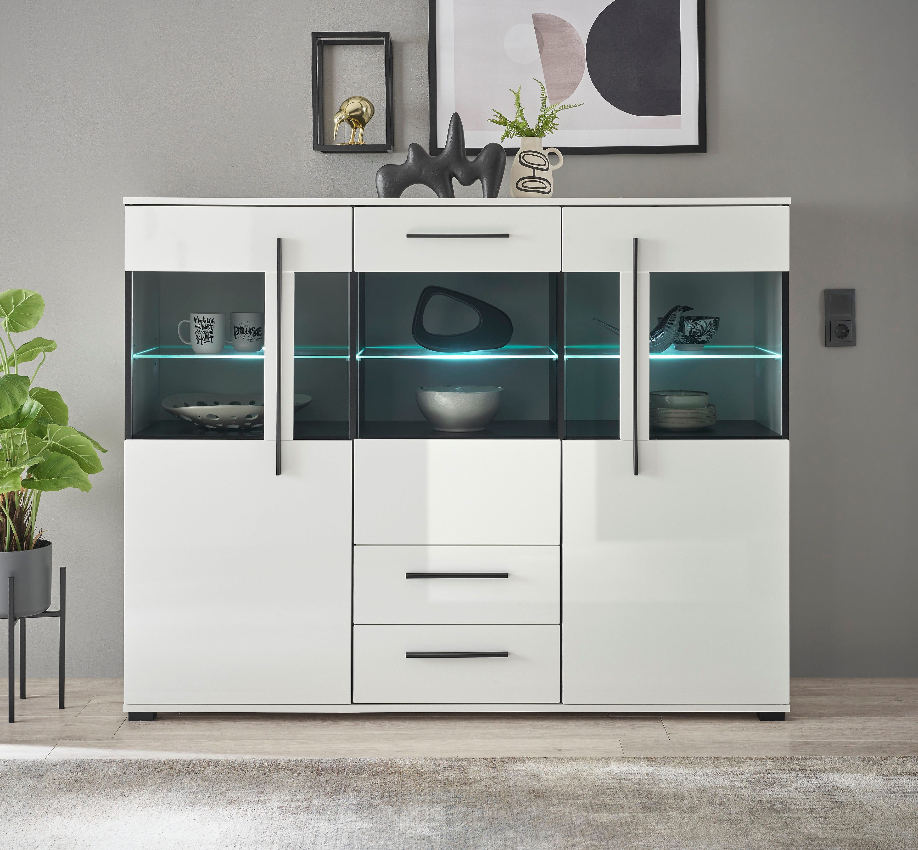 INOSIGN Highboard Cantara, moderne kast, vitrinekast in Eiken decor of wit zwarte stanggreep, voldoende opbergruimte, veelzijdig inzetbaar