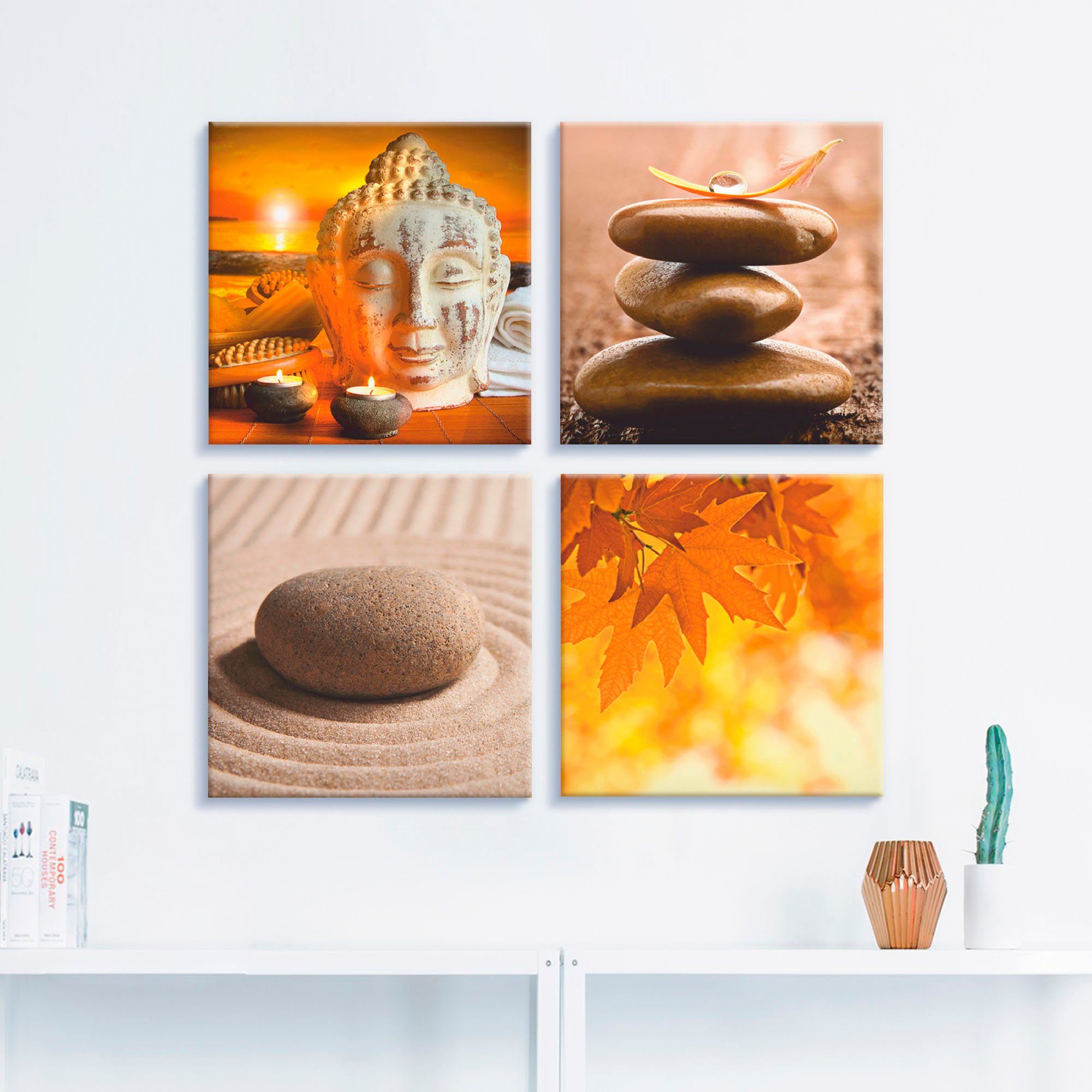 Artland Artprint op linnen Boeddha-standbeeld zen tuin massagestenen (4-delig)