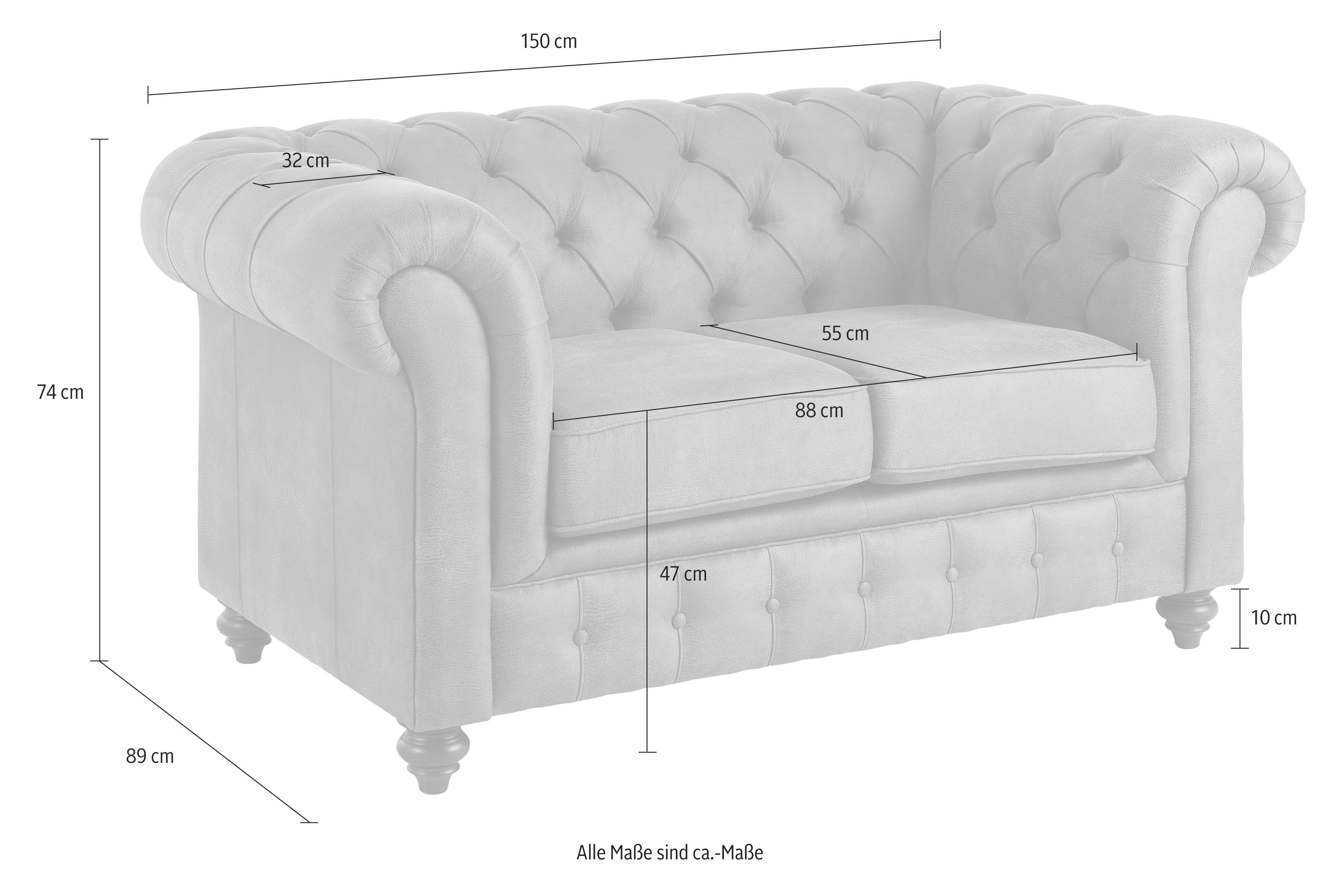 Home affaire Chesterfield-bank Chesterfield 2-zits B/D/H: 150/89/74 cm met hoogwaardige knoopdetails, ook in leer