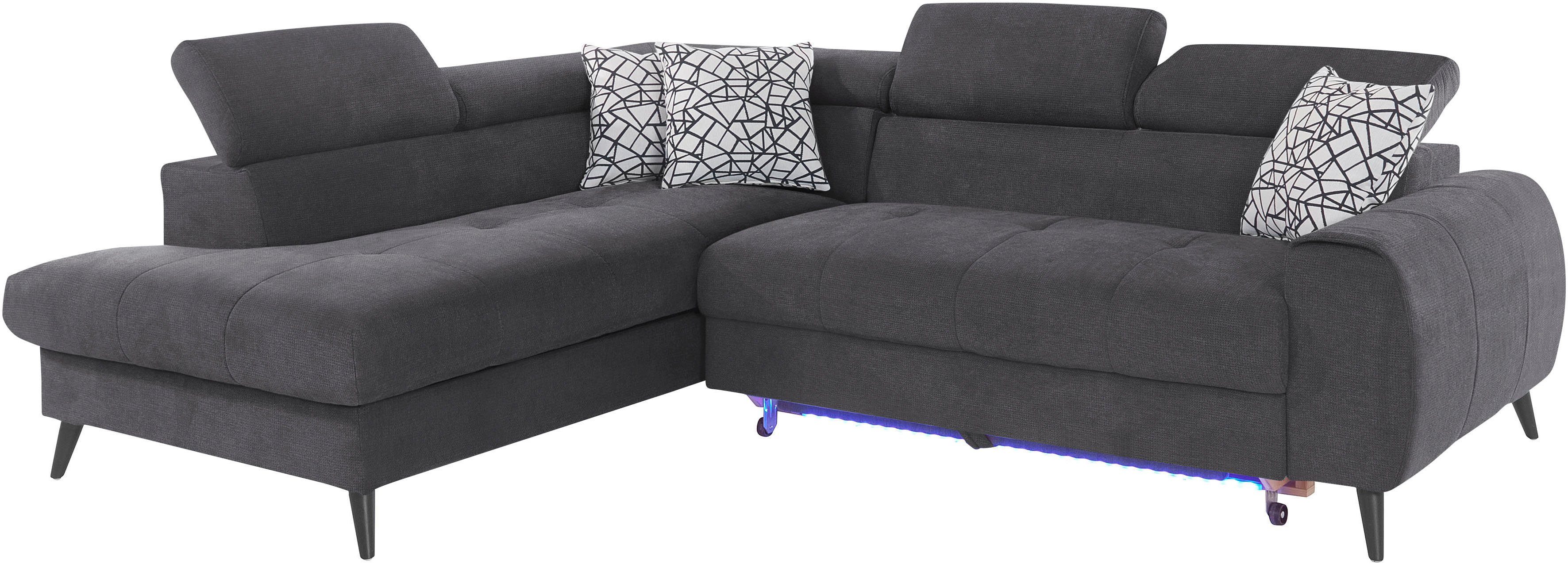 COTTA Hoekbank Mia L-vorm met 3 sierkussens keuze met bedfunctie, bedlade, verlichting & draadloze oplader