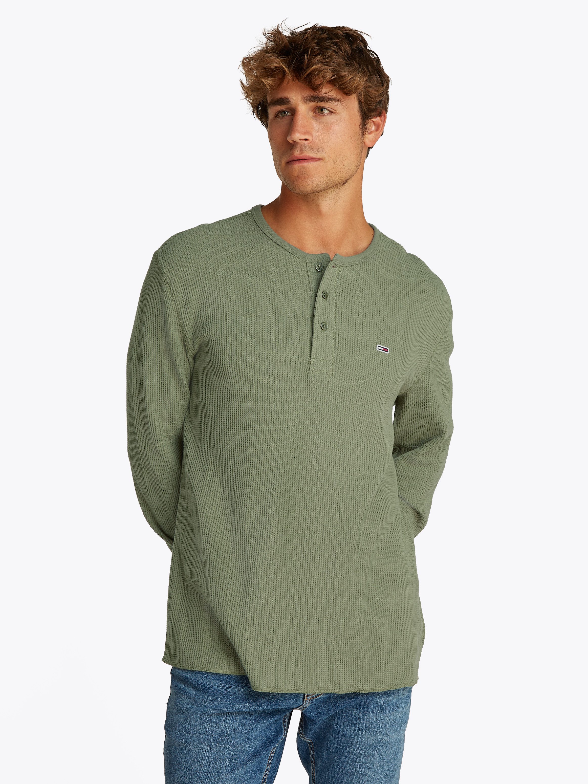 TOMMY JEANS Henleyshirt TJM REG WAFFLE HENLEY LS TEE heren knoopsluiting maat S groen