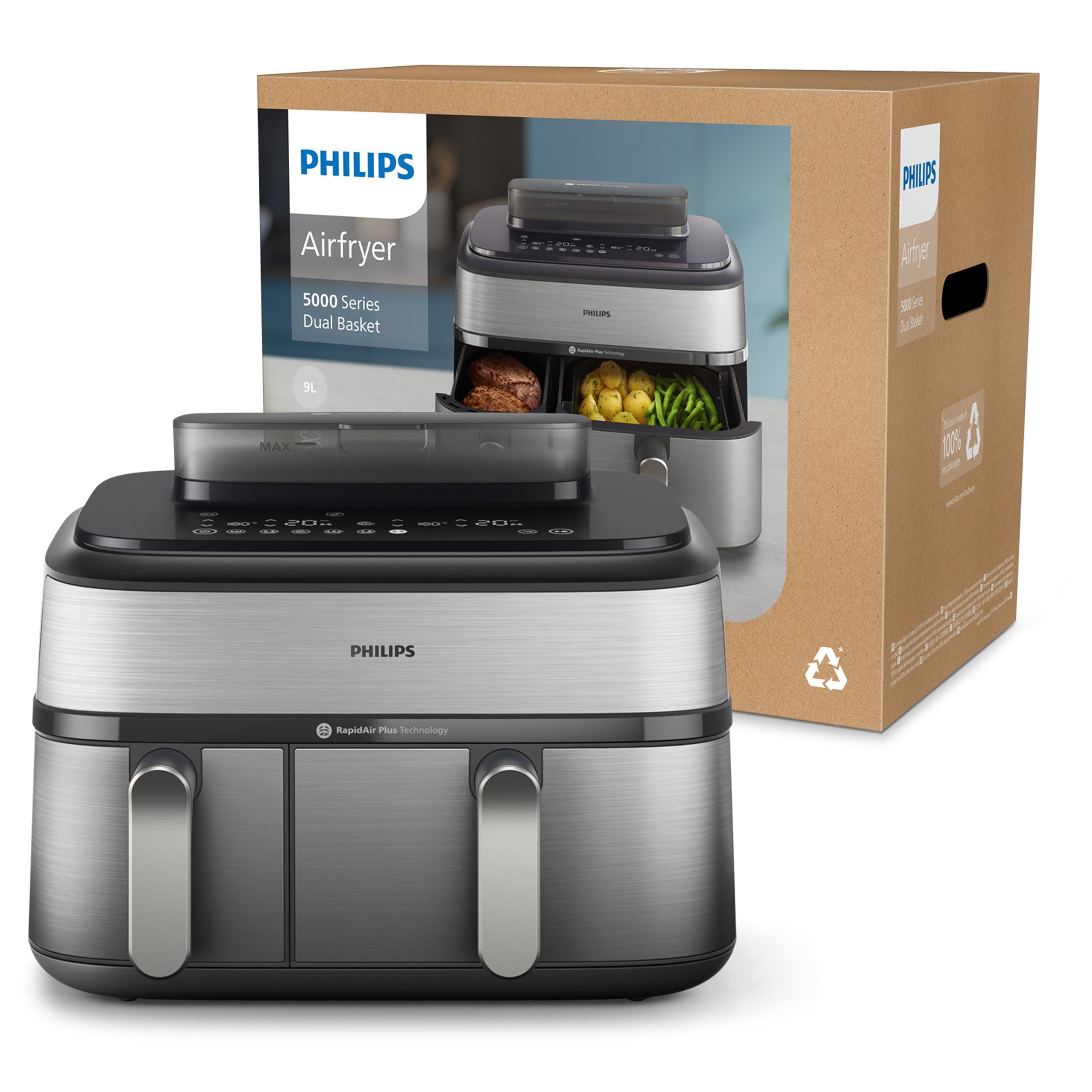 Philips Airfryer Steam Airfryer 5000 Dual Basket NA555/00, Airfryen & Dampfgaren, 3L+6L