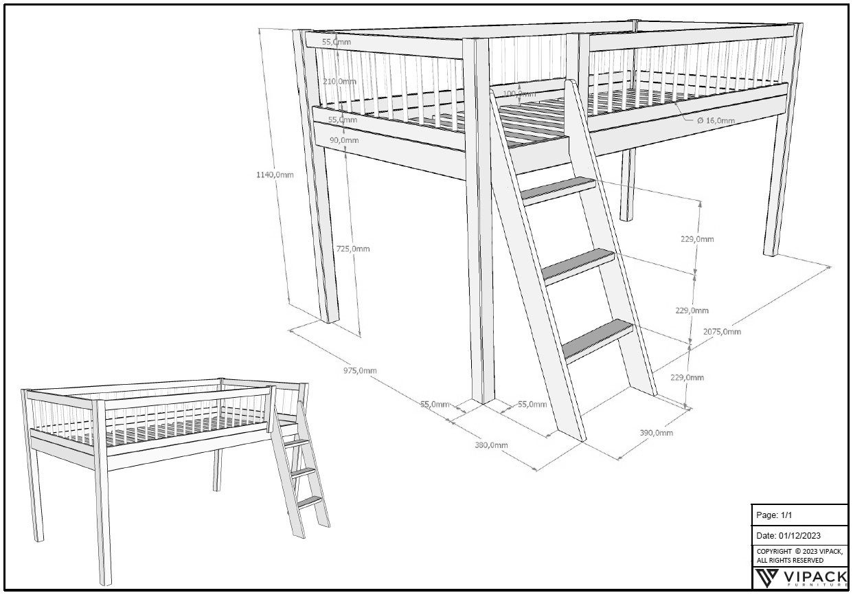 Home affaire Speelbed van geolied eikenhout, lf 90x2000 cm, rr, ladder, gordijn en valbeveiliging
