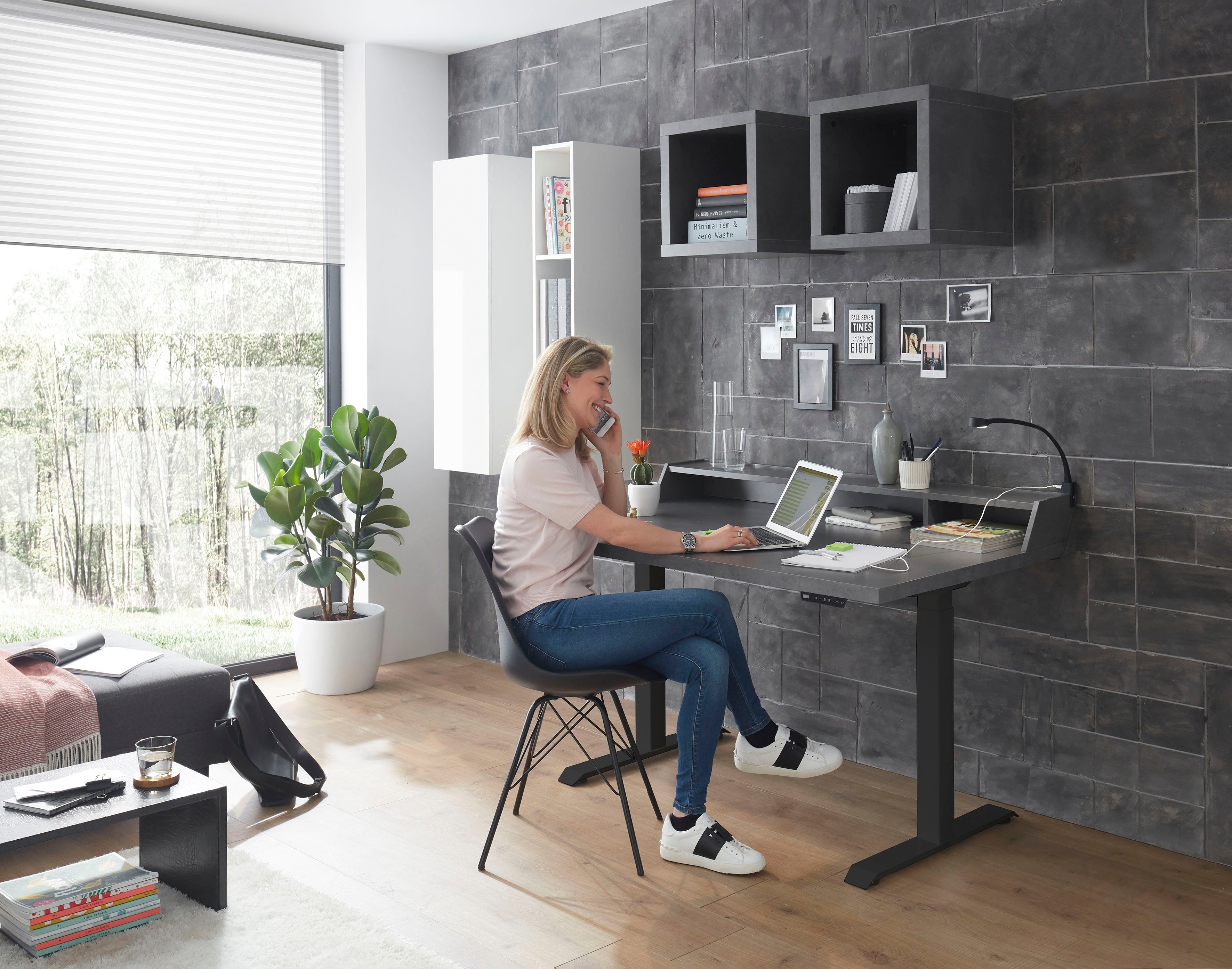 Mäusbacher Bureau Big System Office, bureau, kantoortafel Breedte 120 cm, elektrisch in hoogte verstelbaar, eik zaaggrijs