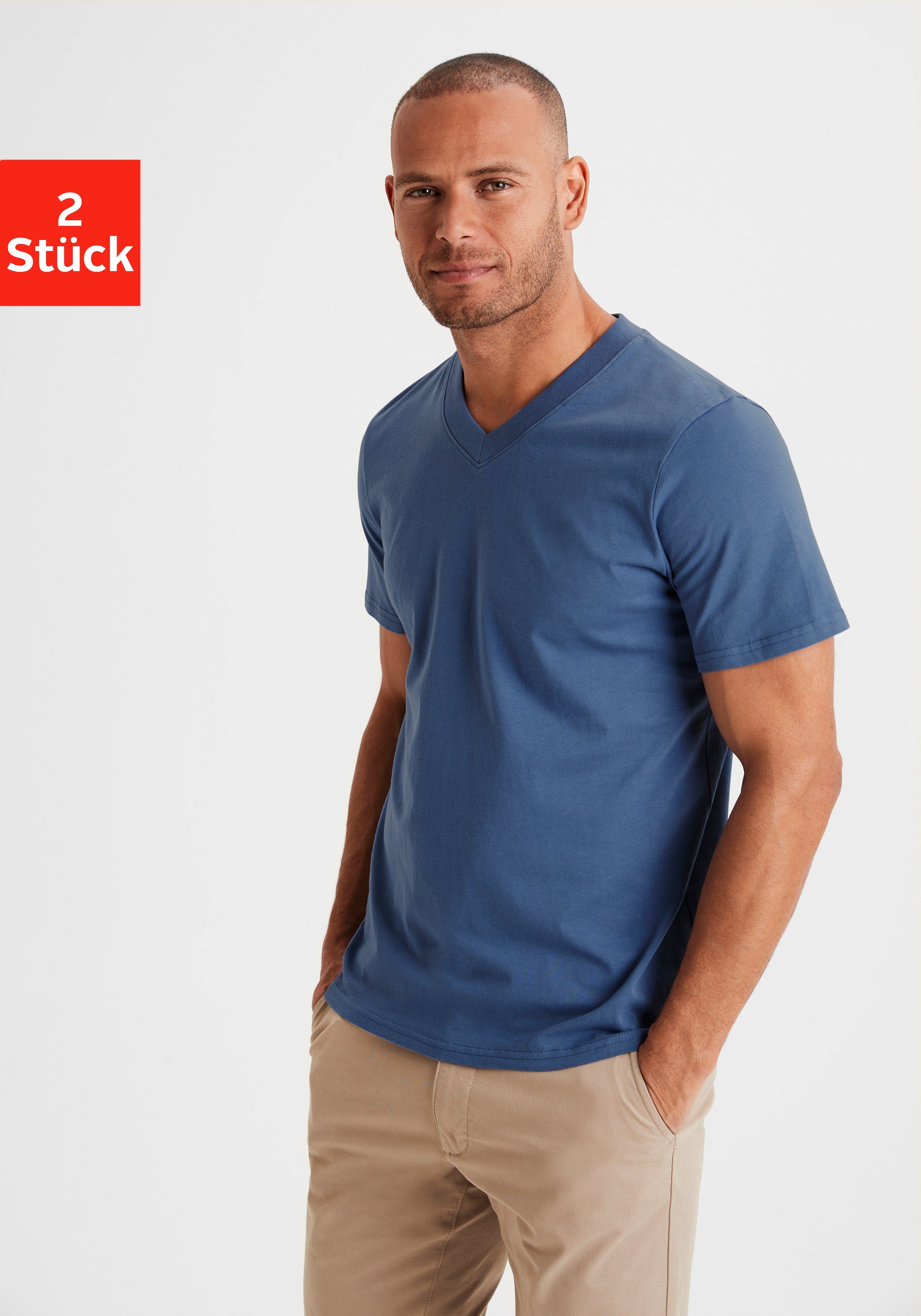 KangaROOS T-shirt Regular fit Vrijetijdsshirt met korte mouwen, V-hals van 100% katoen (Set van 2)