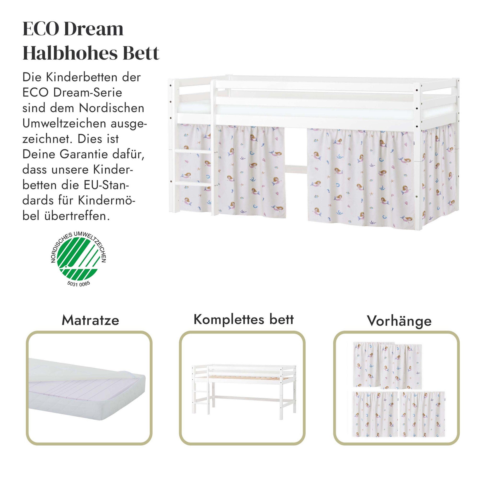 Hoppekids Speelbed ECO Dream, hoogslaper, om te bouwen tot een eenpersoonsbed Massief houten bed met zeemeermingordijn, matras & 2 maten ter keuze