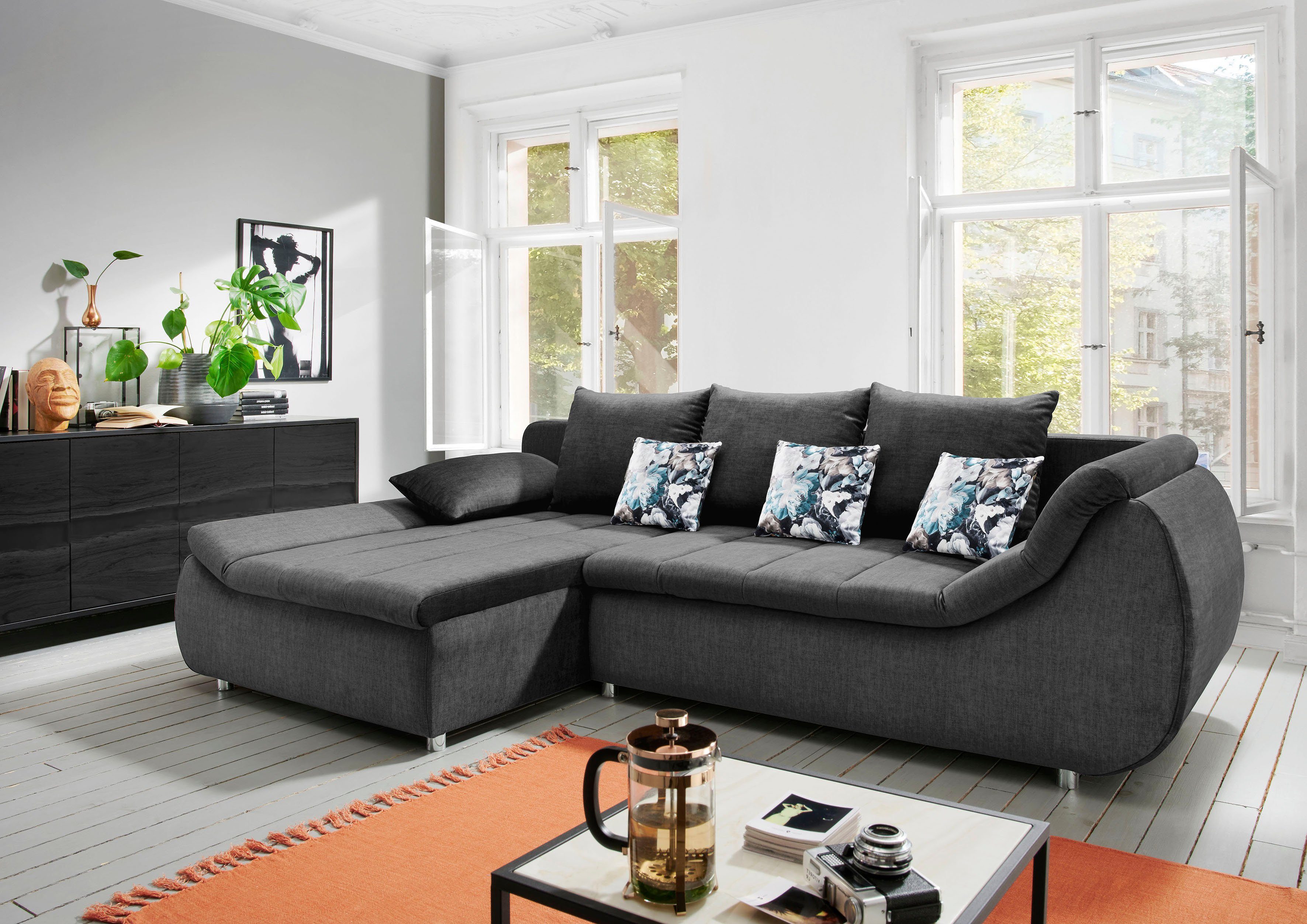 INOSIGN Hoekbank Imola elegant en modern, actuele stiksels in de zitting, comfortabel, L-vorm grijs, hoekbanken, Armleuning rechts-récamier links