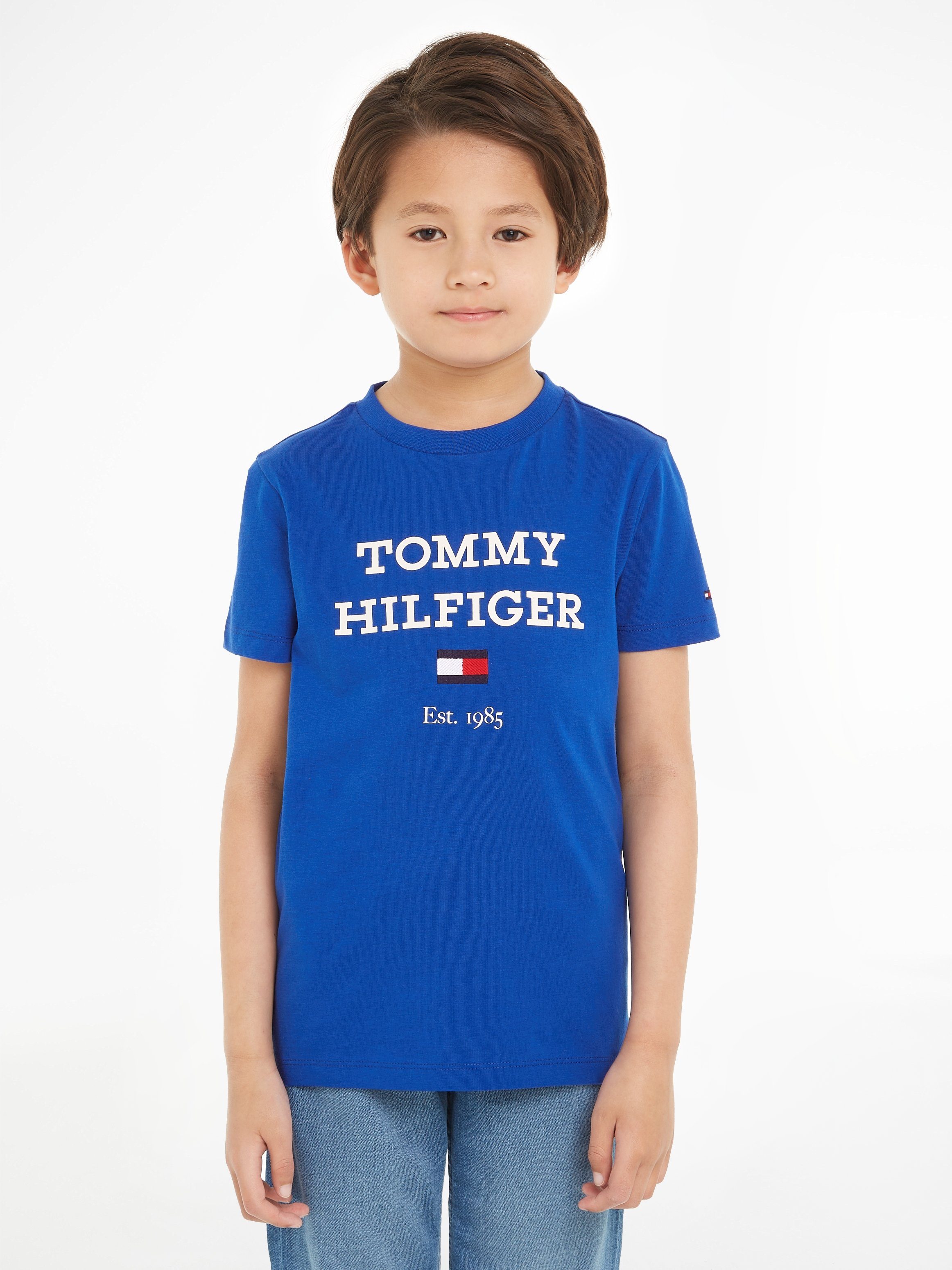 Tommy Hilfiger T-shirt met tekst helderblauw Jongens Katoen Ronde hals 104
