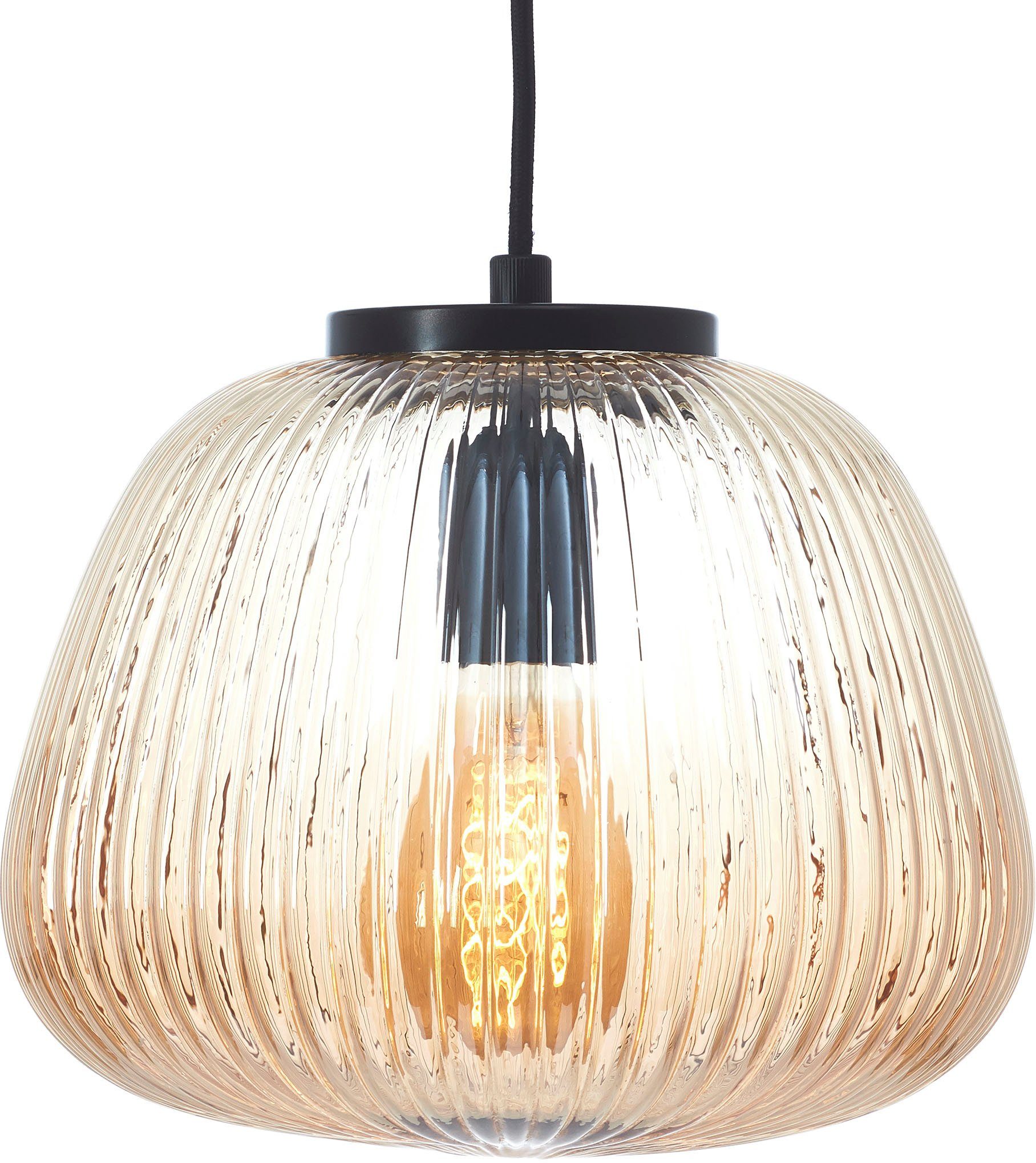 Brilliant Leuchten Hanglamp Kaizen Gegolfd glas, D 25 cm, E27, inkortbaar, amber-barnsteenkleuren