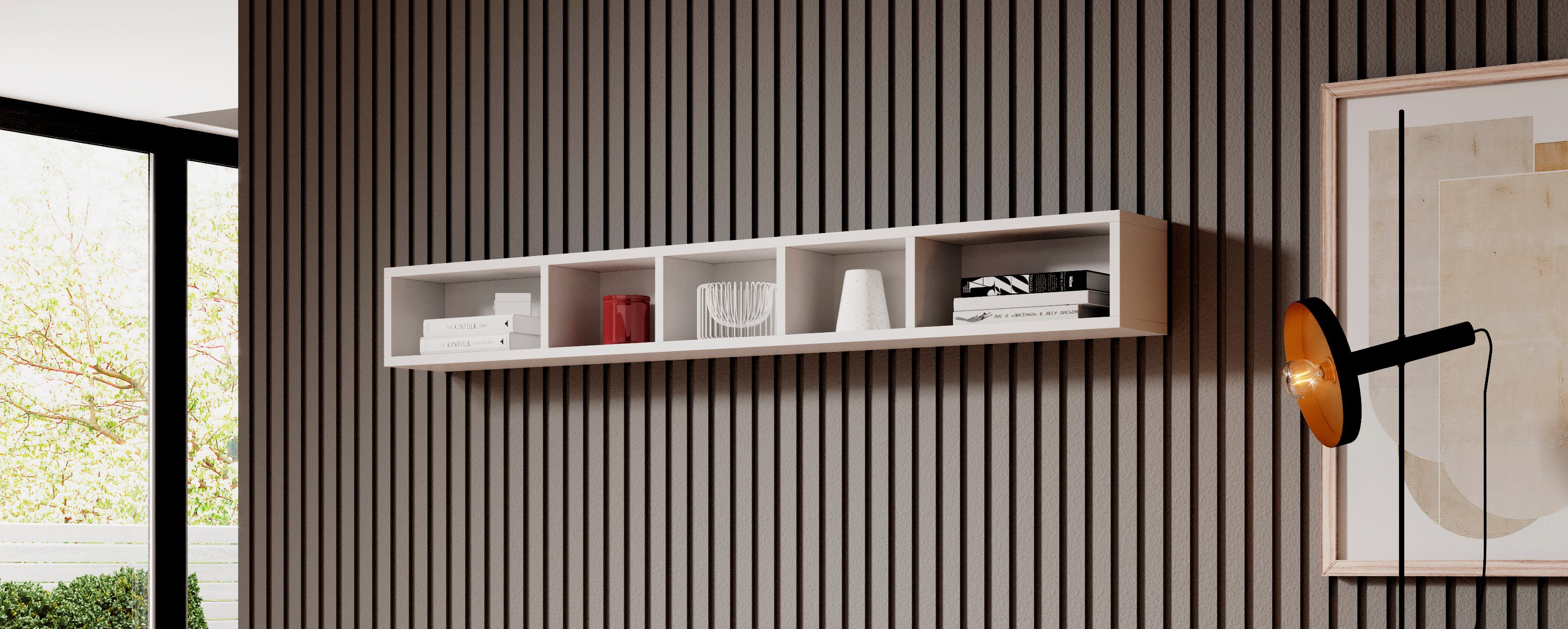 INOSIGN Wandmeubel Toledo, breedte 391cm stijlvolle mediawand zonder verlichting Opbouwwand (vitrine, lowboard, highboard, 2x hangplank) MDF hoogglans fronten (set, 5 stuks)