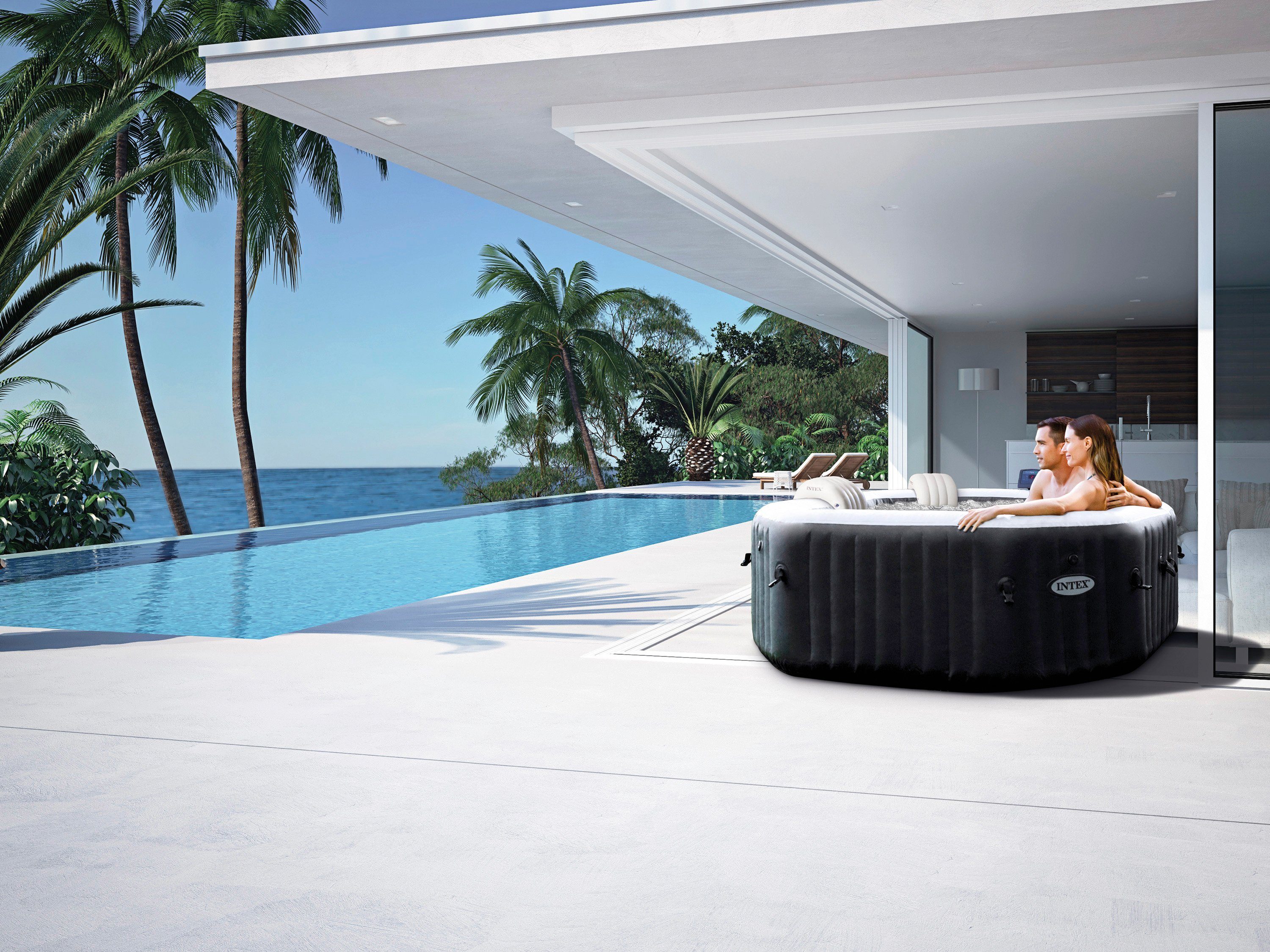 Intex Whirlpool PureSPA "Jet + Bubble Deluxe" octagon, onyx black 8-delig, met zoutwatersysteem, in verschillende maten (set)