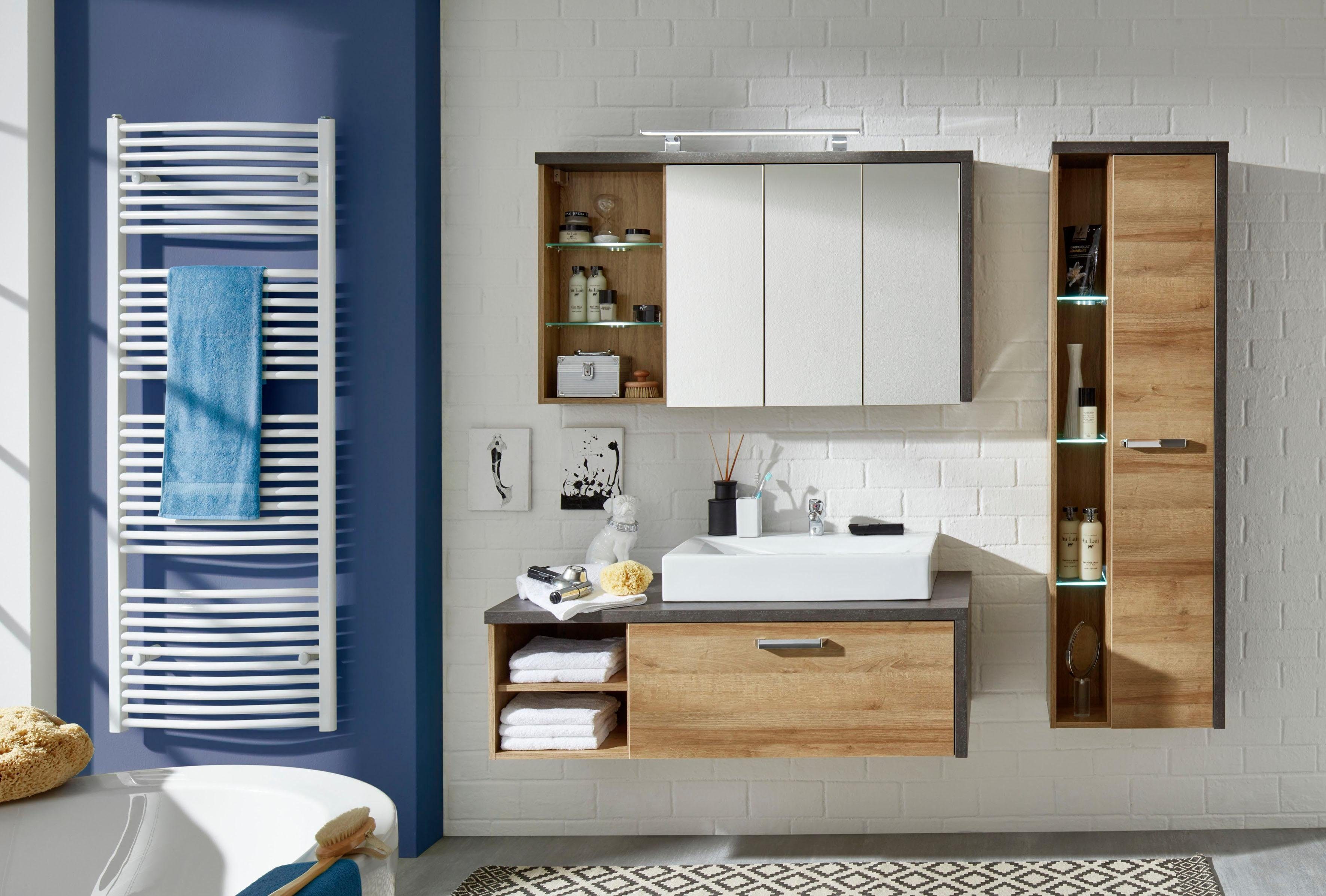 welltime Hoge kast Bilbao Hangende badkamerkast met binnen spiegelende deur en 3 glazen planken