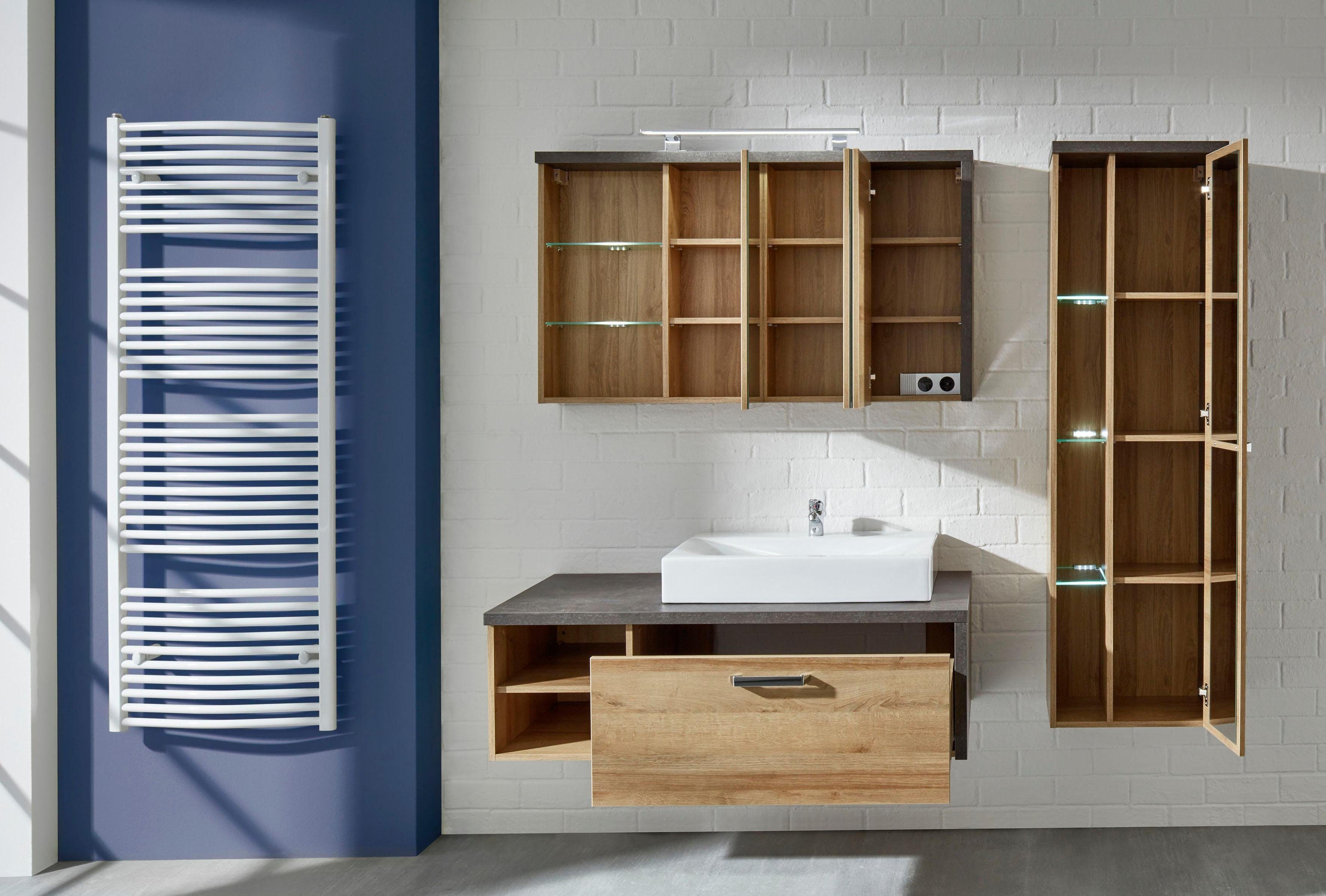 welltime Hoge kast Bilbao Hangende badkamerkast met binnen spiegelende deur en 3 glazen planken