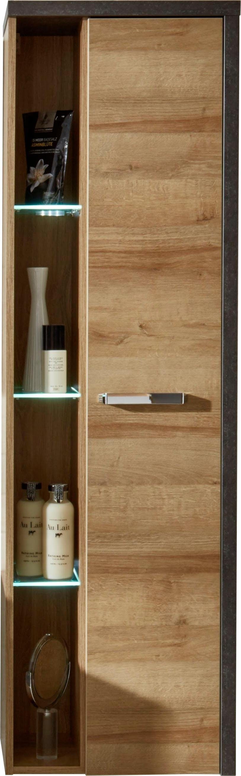 welltime Hoge kast Bilbao Hangende badkamerkast met binnen spiegelende deur en 3 glazen planken
