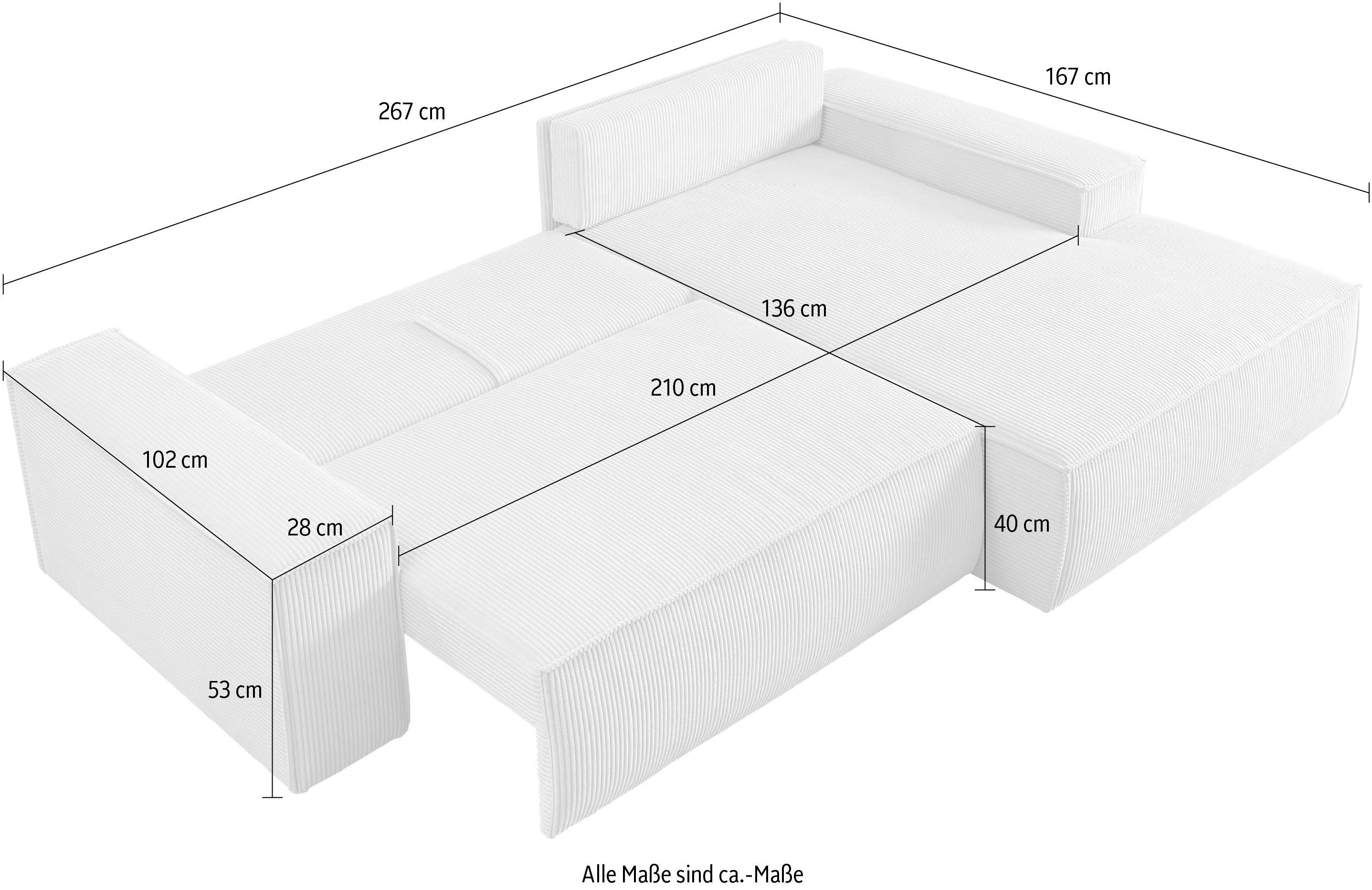 Home affaire Hoekbank SHERWOOD bedbank 267 cm, L-model, Slaapfunctie met bedlade (210x136 cm), cord, vintage, fluweel