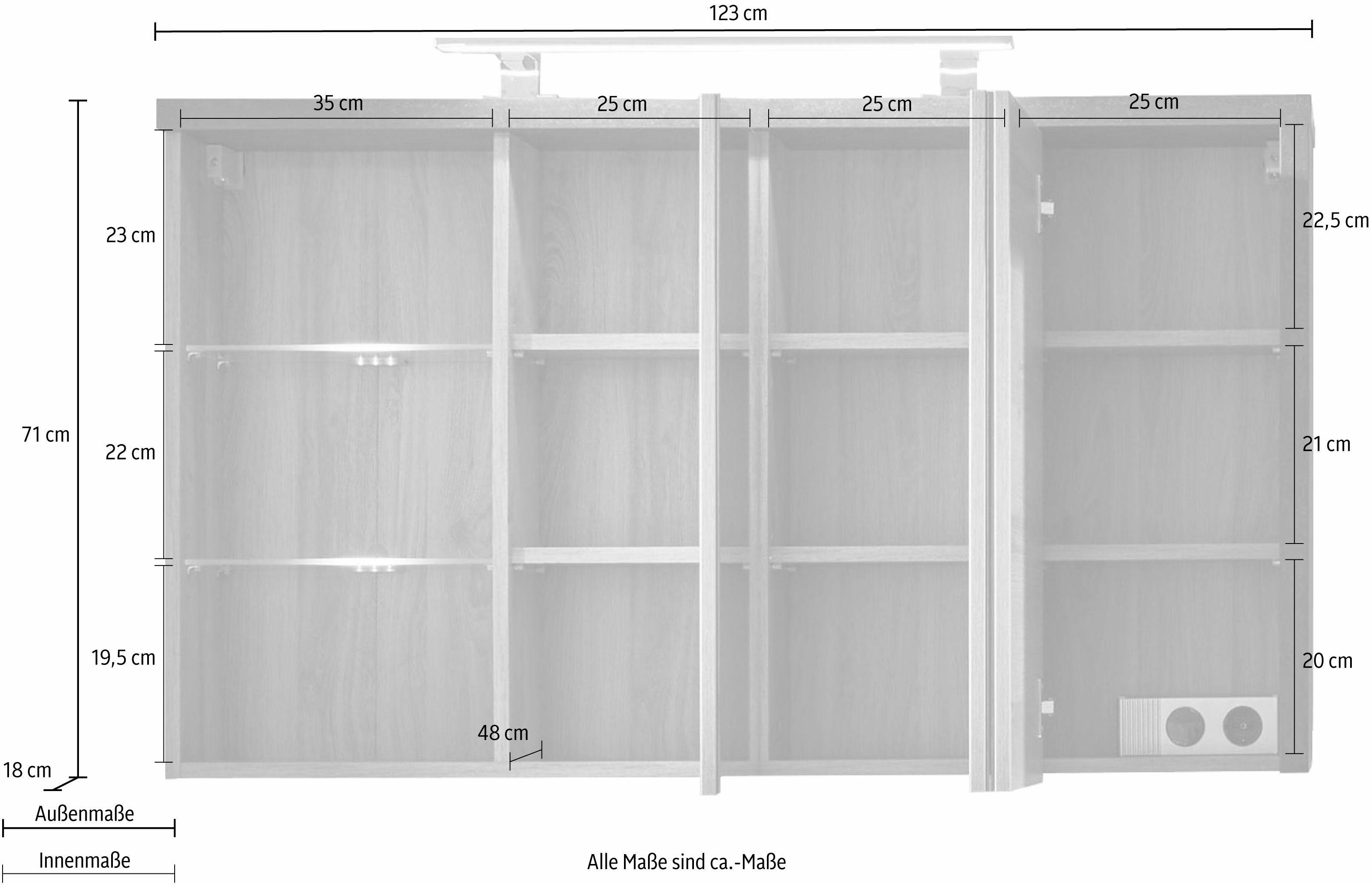 welltime Spiegelkast Bilbao Badkamerskast met 2 glazen planken en 9 vakken - (B/D/H) 123/18/71 cm
