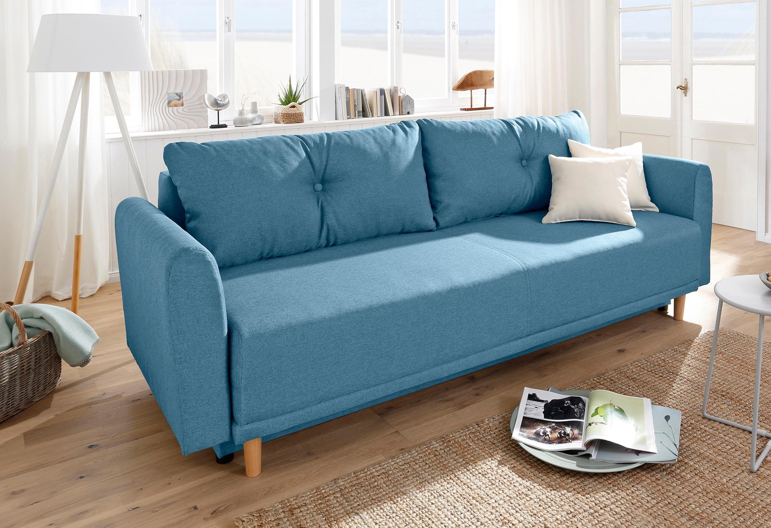 Home affaire Slaapbank Scandic incl. 2 sierkussens en bedkist, capitonnage in rugkussen blauw, slaapbanken