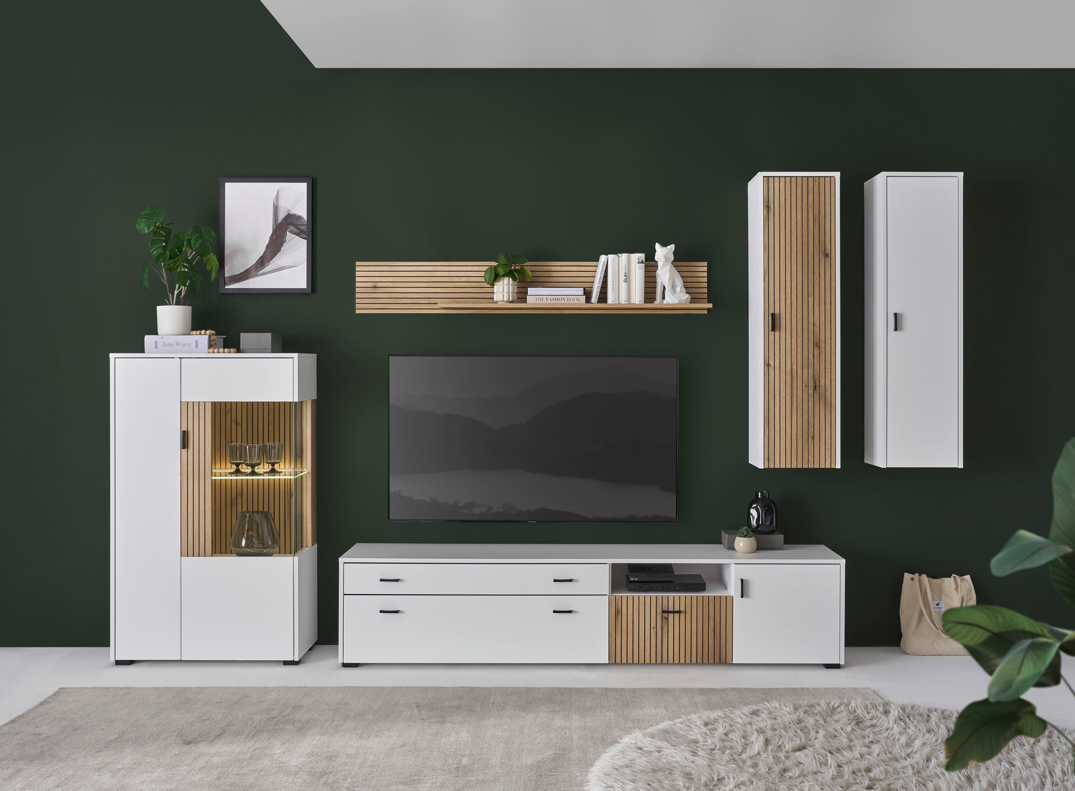 INOSIGN Wandmeubel Hudson met moderne groevenlook, handgrepen van metaal (zwart), breedte 328 cm (set, 5-delig) tv-wandmeubels wit