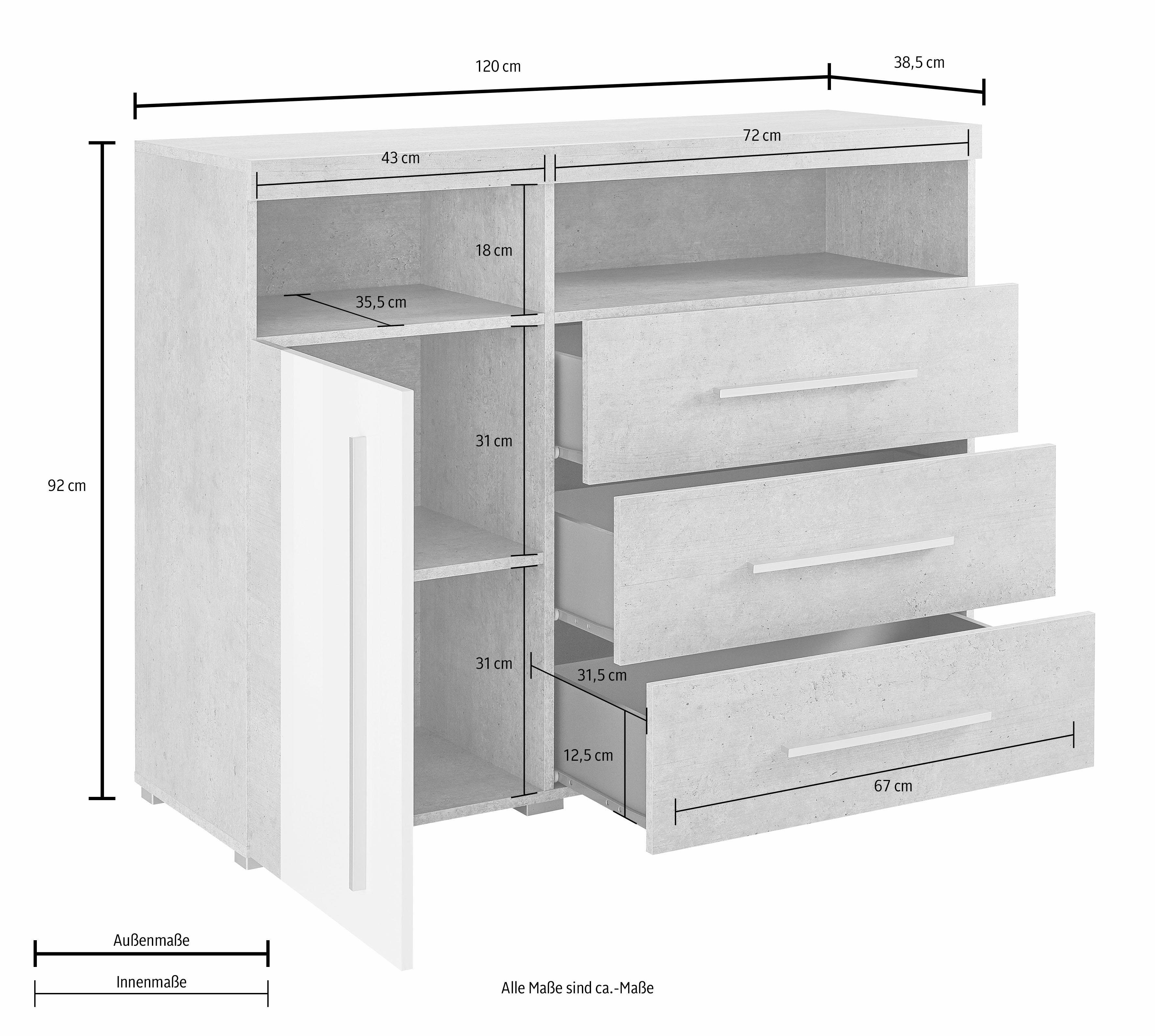 INOSIGN Kast Roger, breedte 120 cm, moderne sidetable met 3 laden Commode met veel opbergruimte, afmetingen 120x92x38,5 (B/H/D)